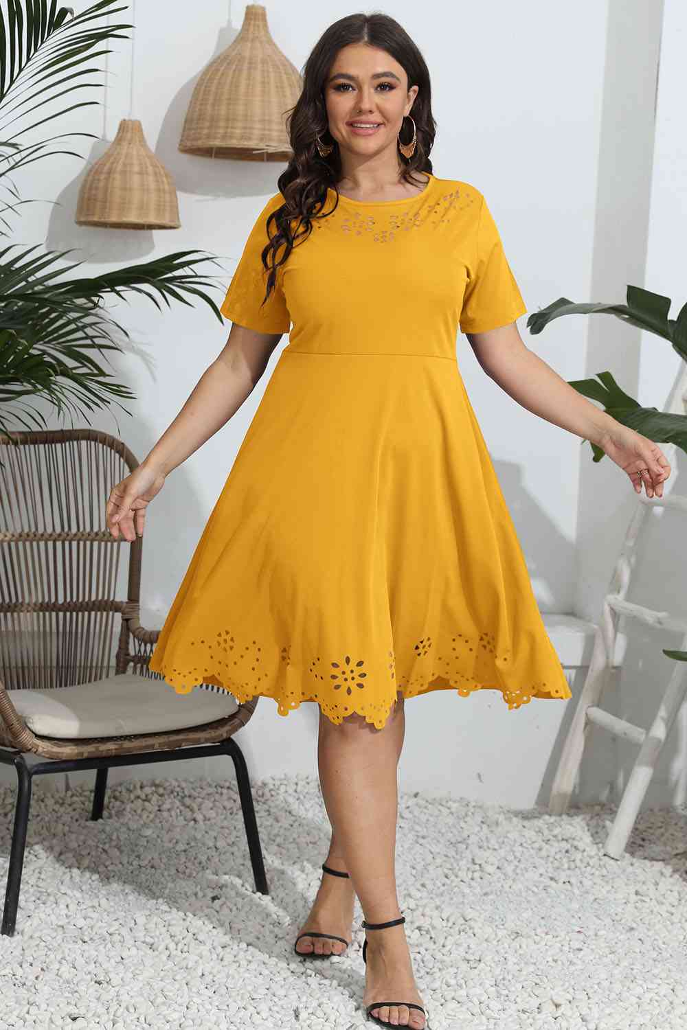 Plus Size Round Neck Openwork Dress - Flip Flop Dynasty
