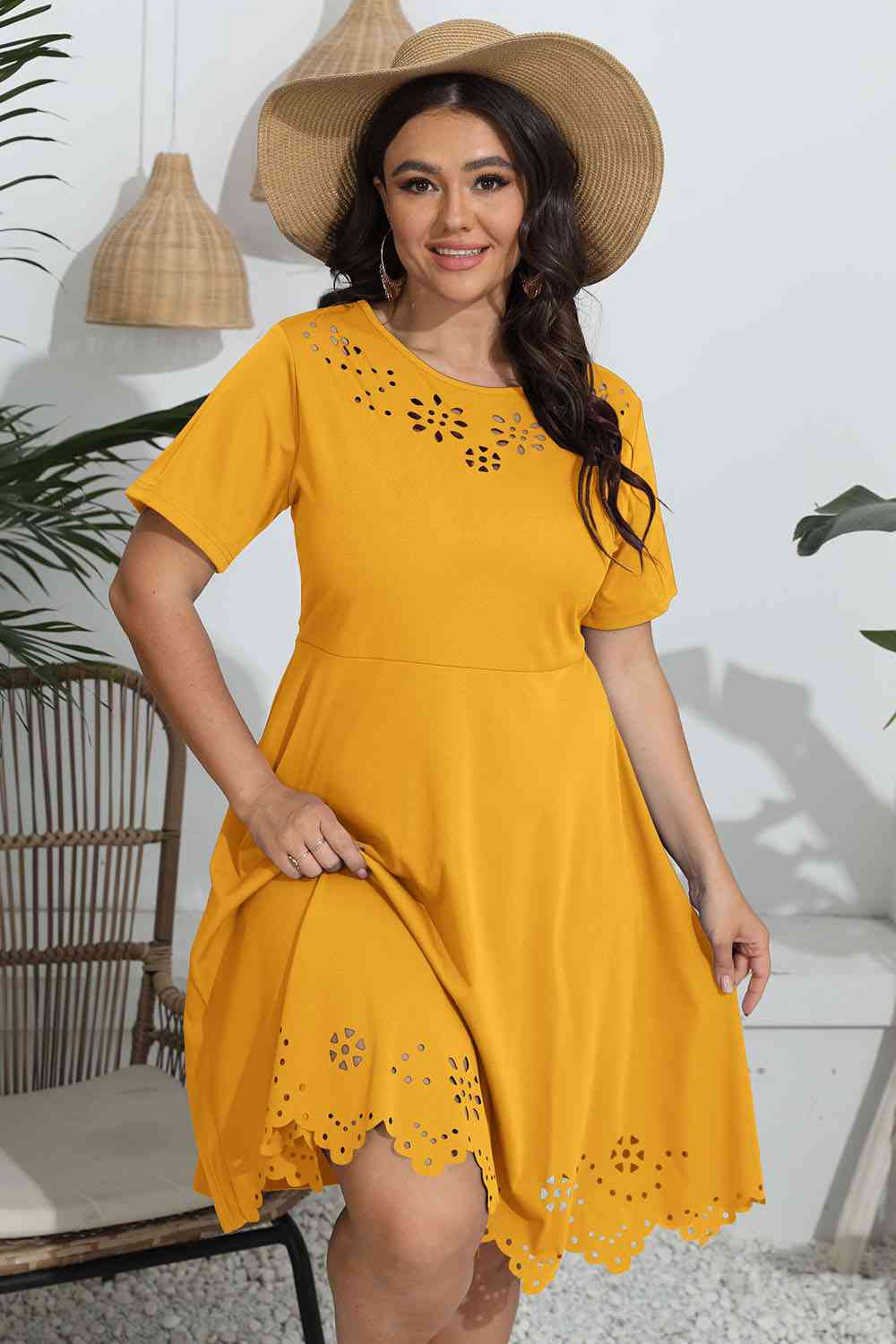 Plus Size Round Neck Openwork Dress - Flip Flop Dynasty