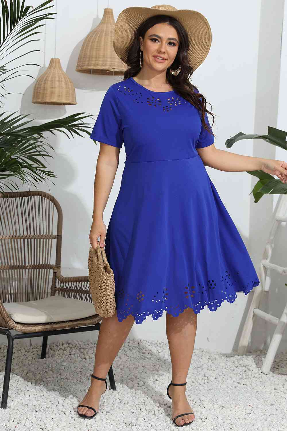 Plus Size Round Neck Openwork Dress - Flip Flop Dynasty
