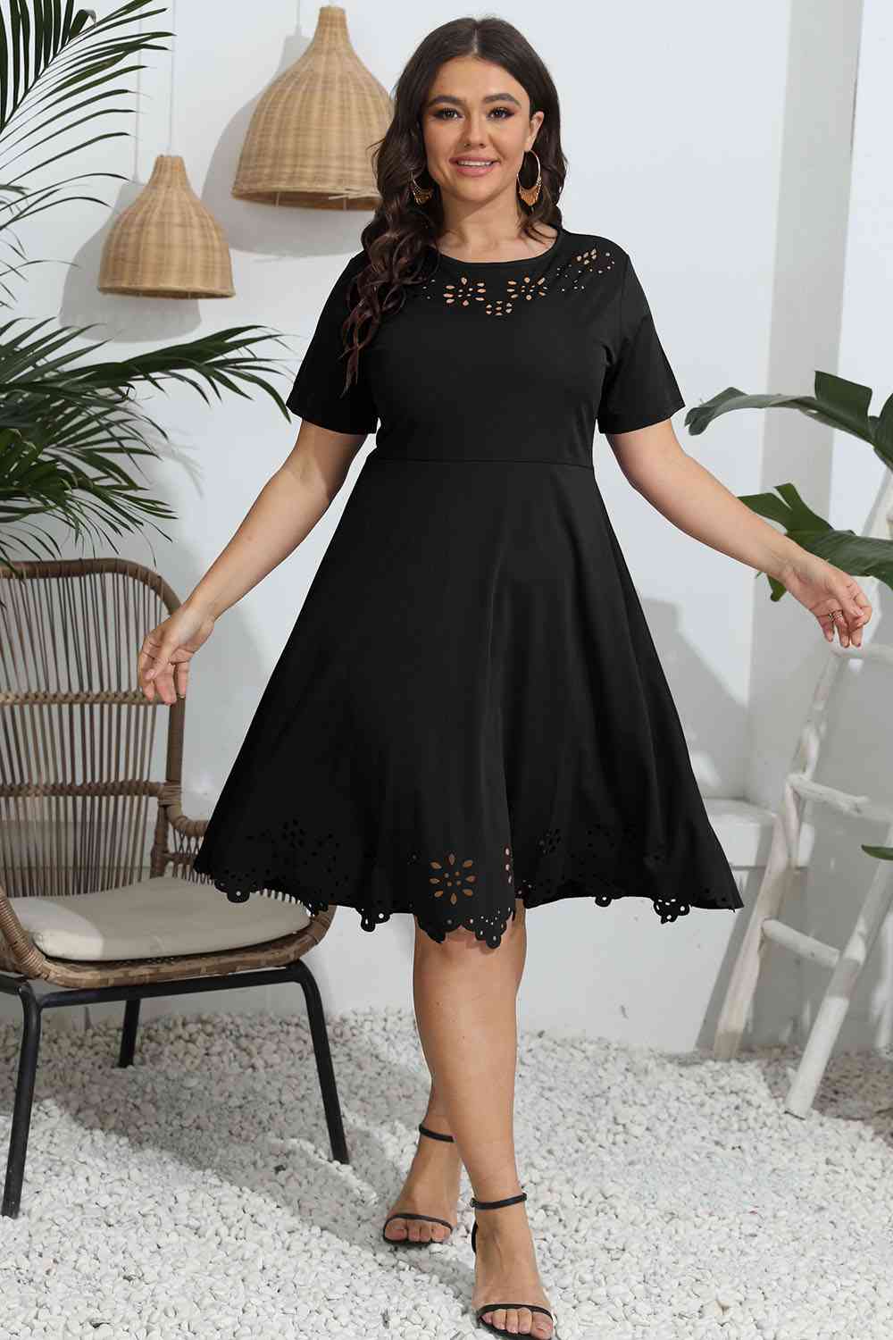 Plus Size Round Neck Openwork Dress - Flip Flop Dynasty
