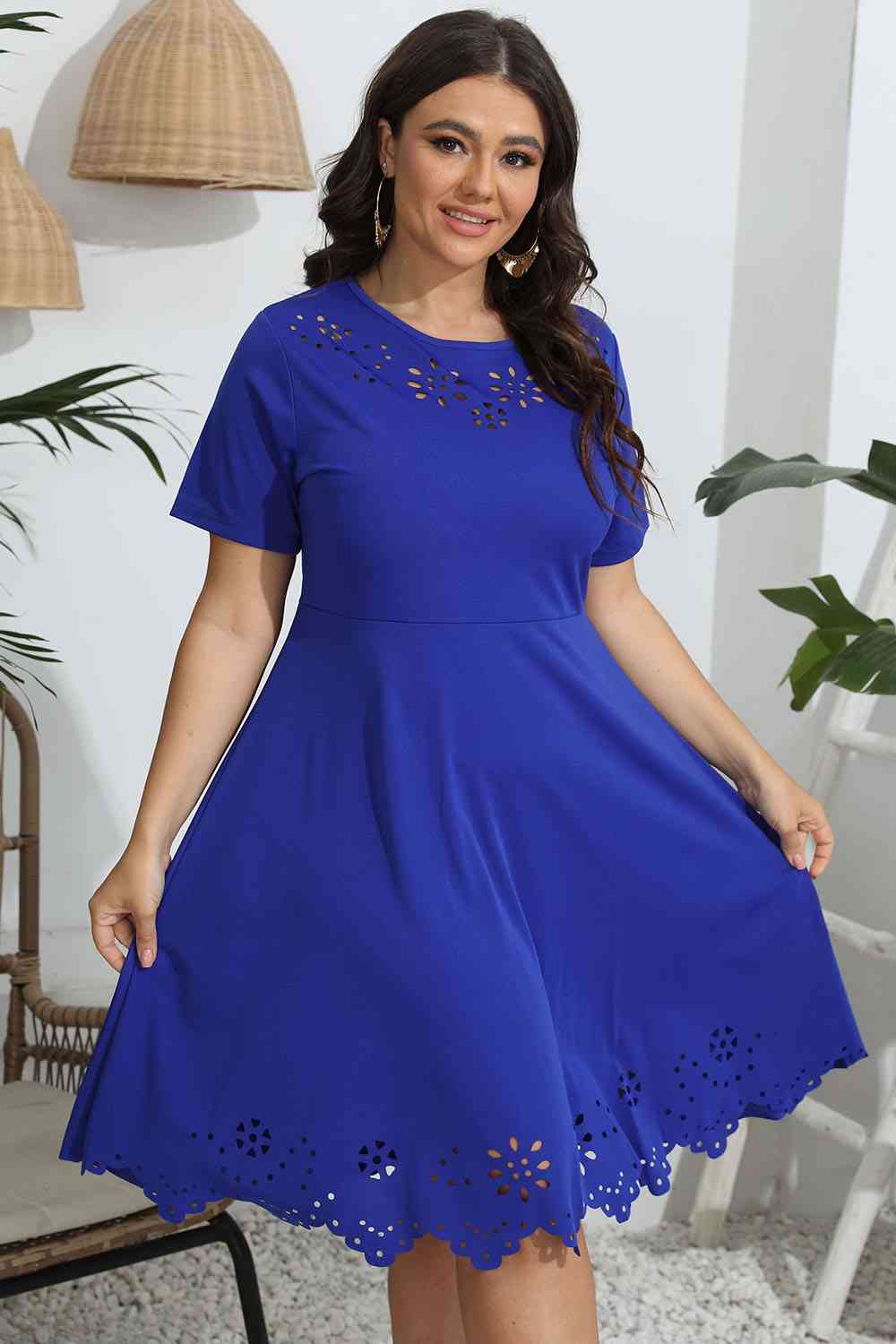 Plus Size Round Neck Openwork Dress - Flip Flop Dynasty