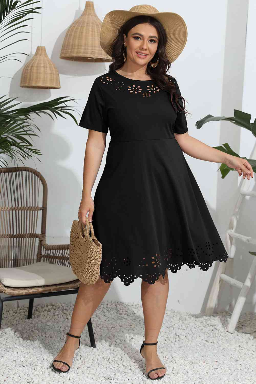 Plus Size Round Neck Openwork Dress - Flip Flop Dynasty