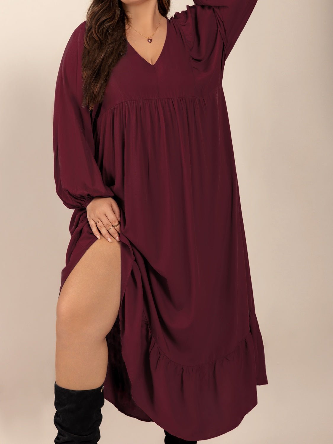 Plus Size Ruffled Hem V - Neck Balloon Sleeve Dress - Flip Flop Dynasty