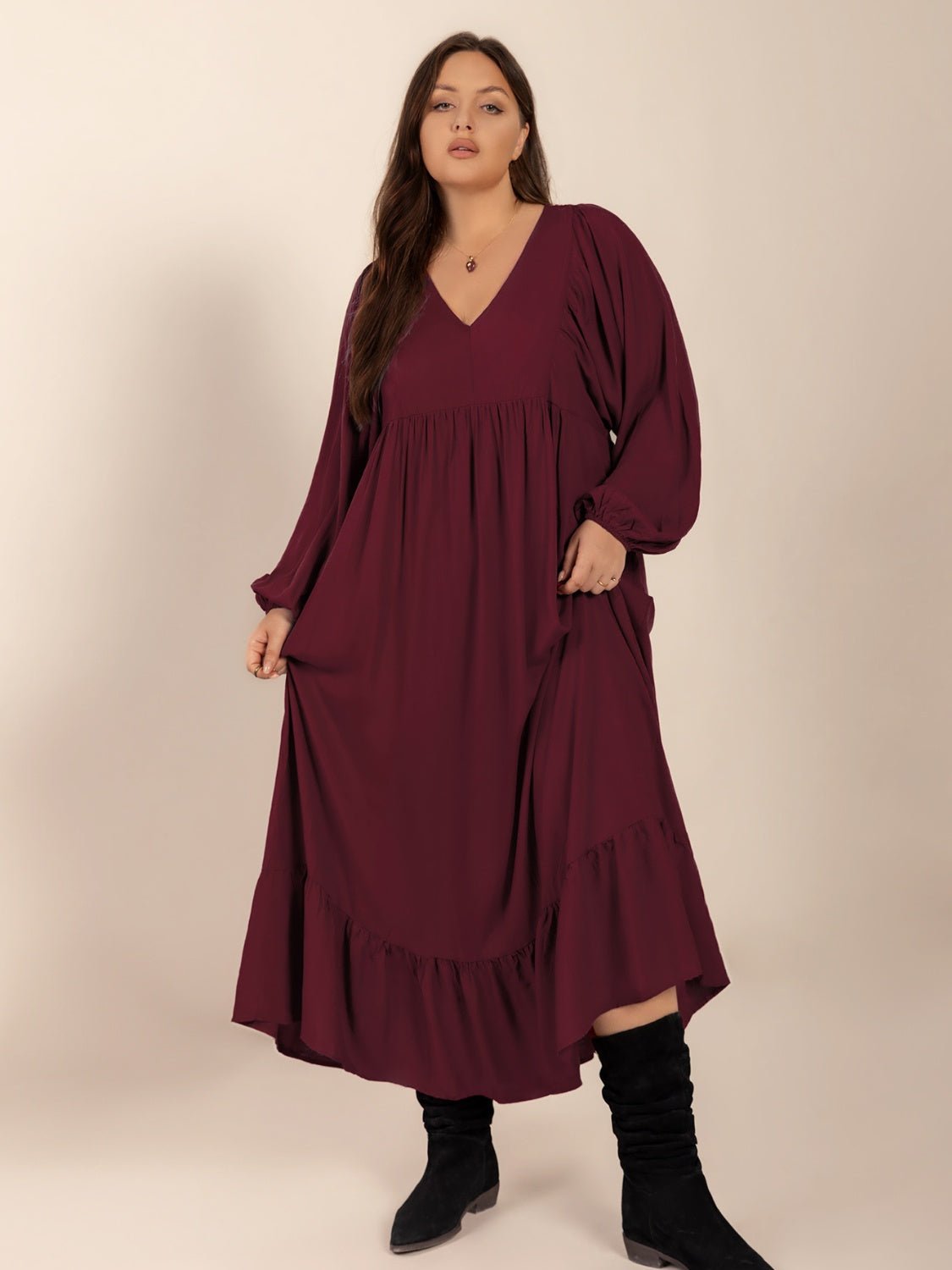 Plus Size Ruffled Hem V - Neck Balloon Sleeve Dress - Flip Flop Dynasty