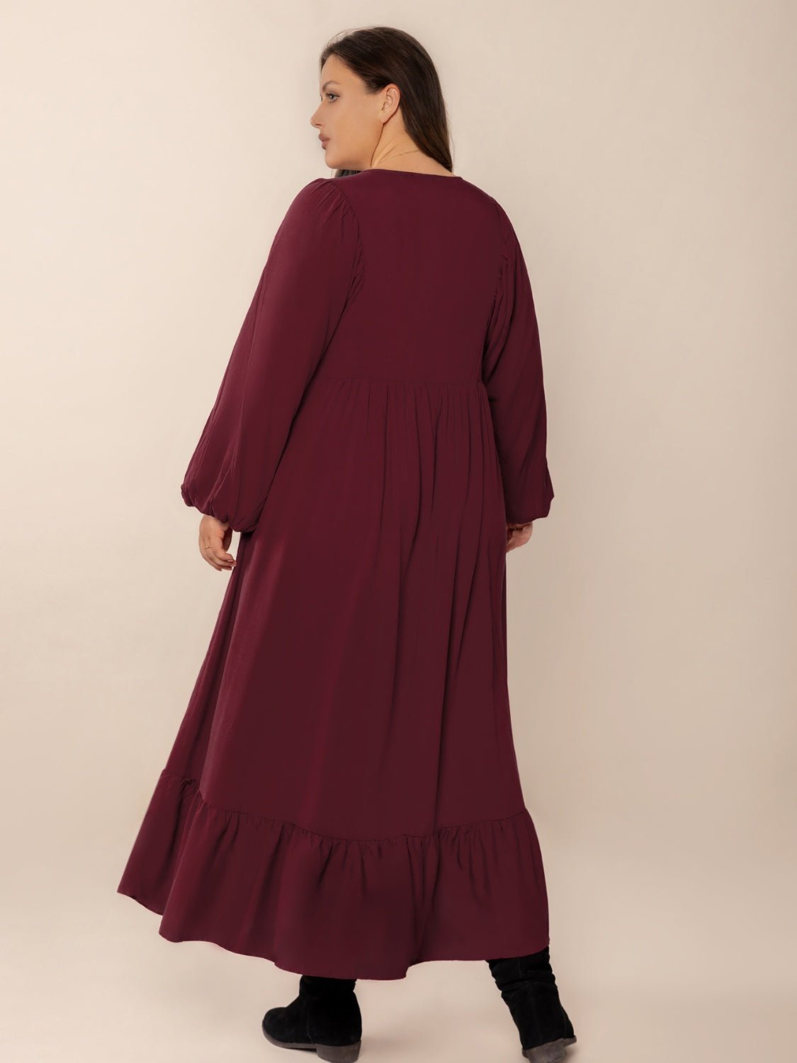 Plus Size Ruffled Hem V - Neck Balloon Sleeve Dress - Flip Flop Dynasty