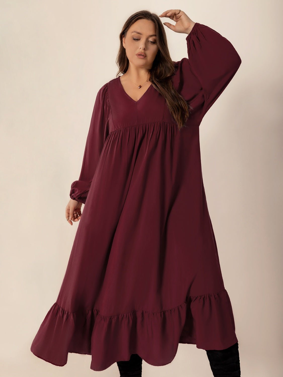 Plus Size Ruffled Hem V - Neck Balloon Sleeve Dress - Flip Flop Dynasty