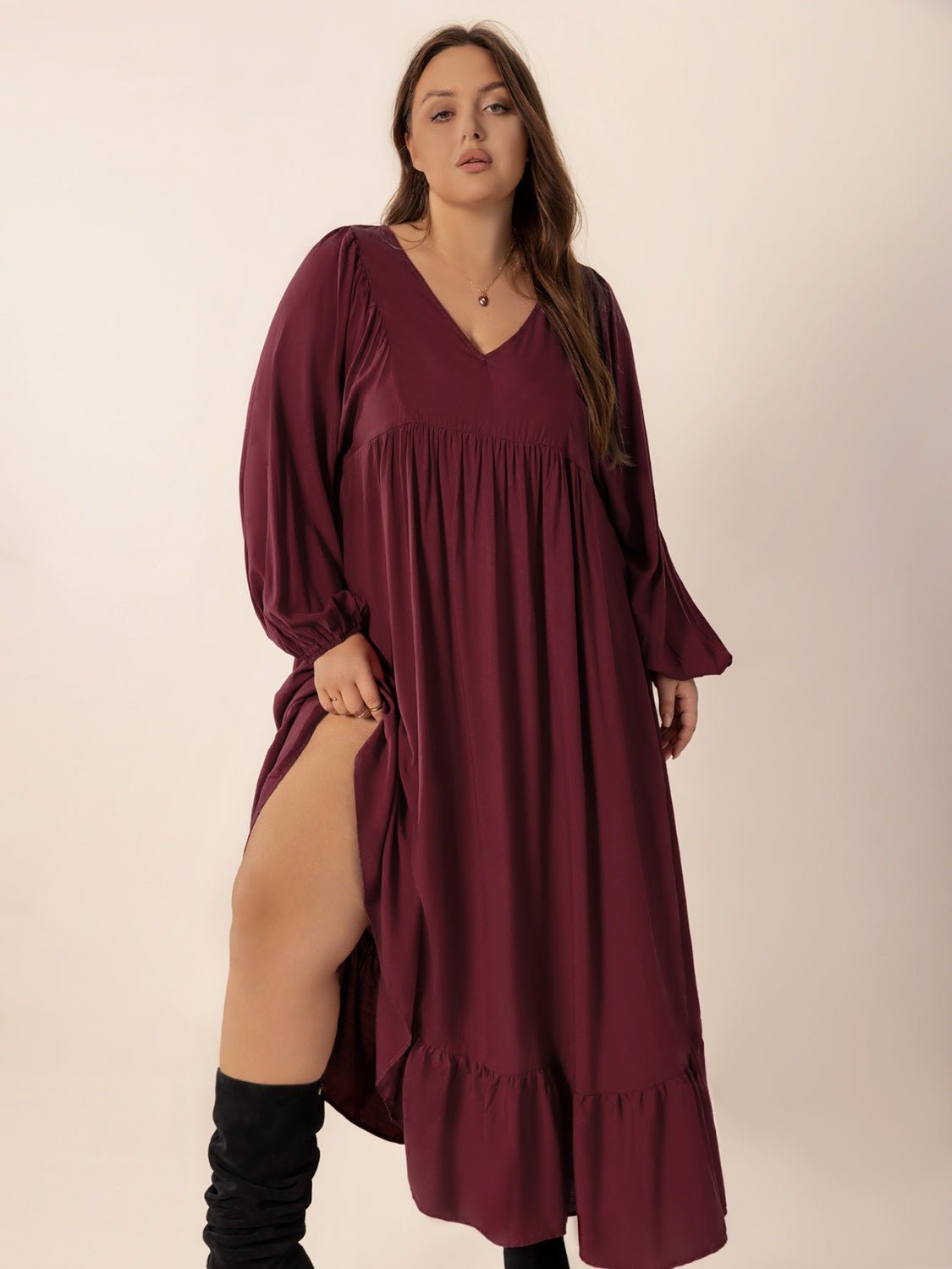 Plus Size Ruffled Hem V - Neck Balloon Sleeve Dress - Flip Flop Dynasty