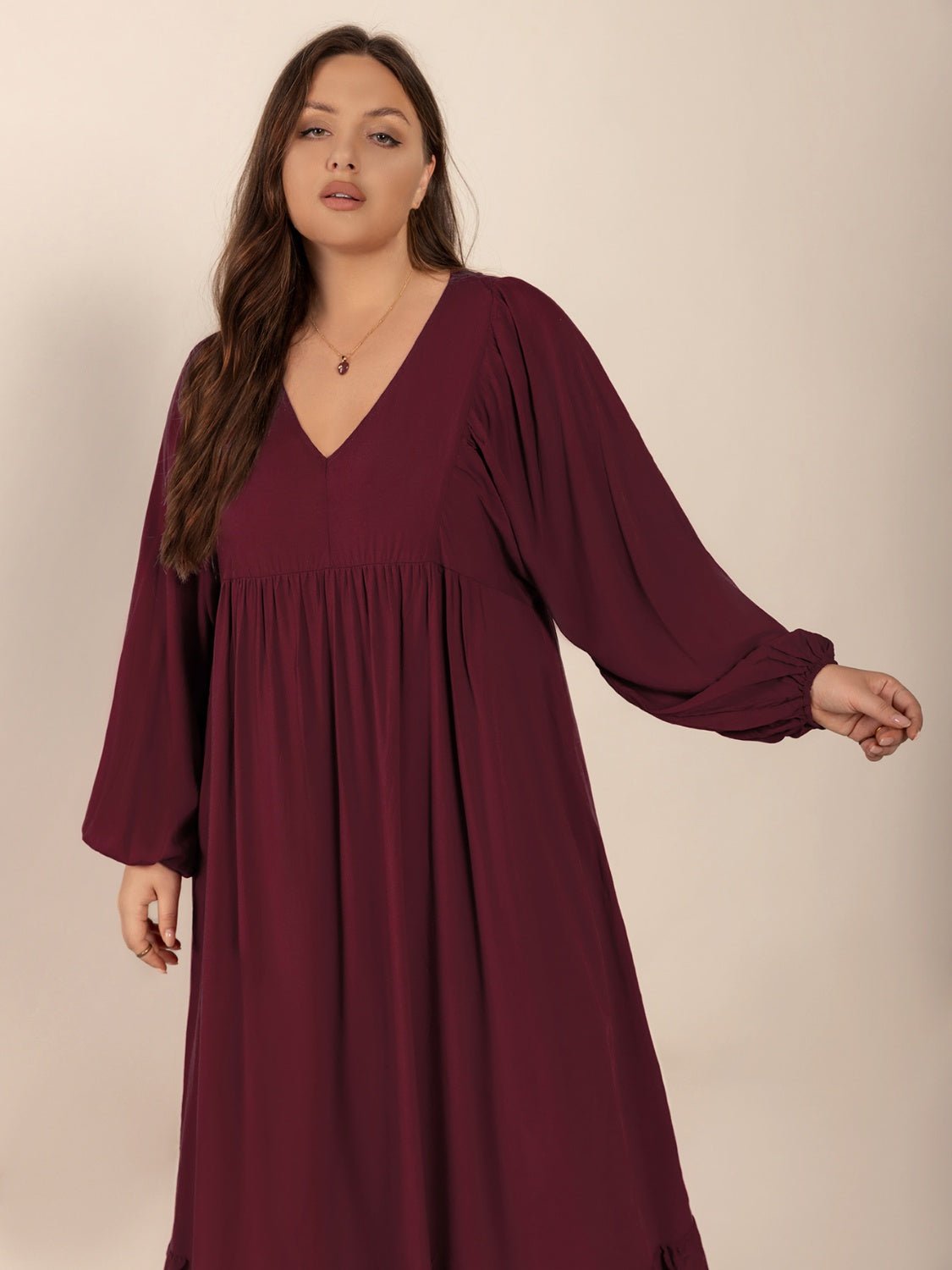 Plus Size Ruffled Hem V - Neck Balloon Sleeve Dress - Flip Flop Dynasty