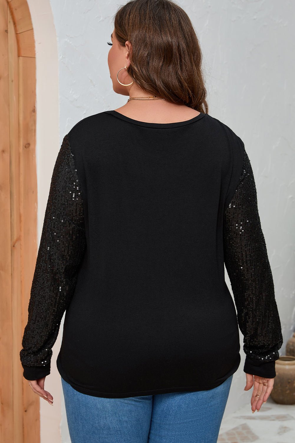 Plus Size Sequin Round Neck Long Sleeve Top - Flip Flop Dynasty