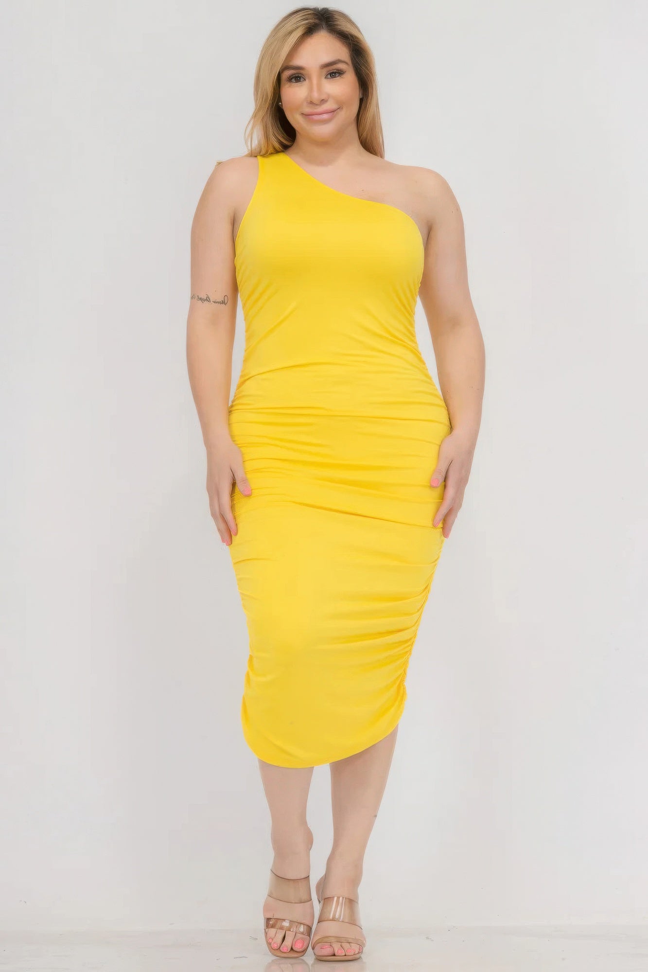 Plus Size Sexy Solid Color Ruched One Shoulder Midi Bodycon Dress - Flip Flop Dynasty