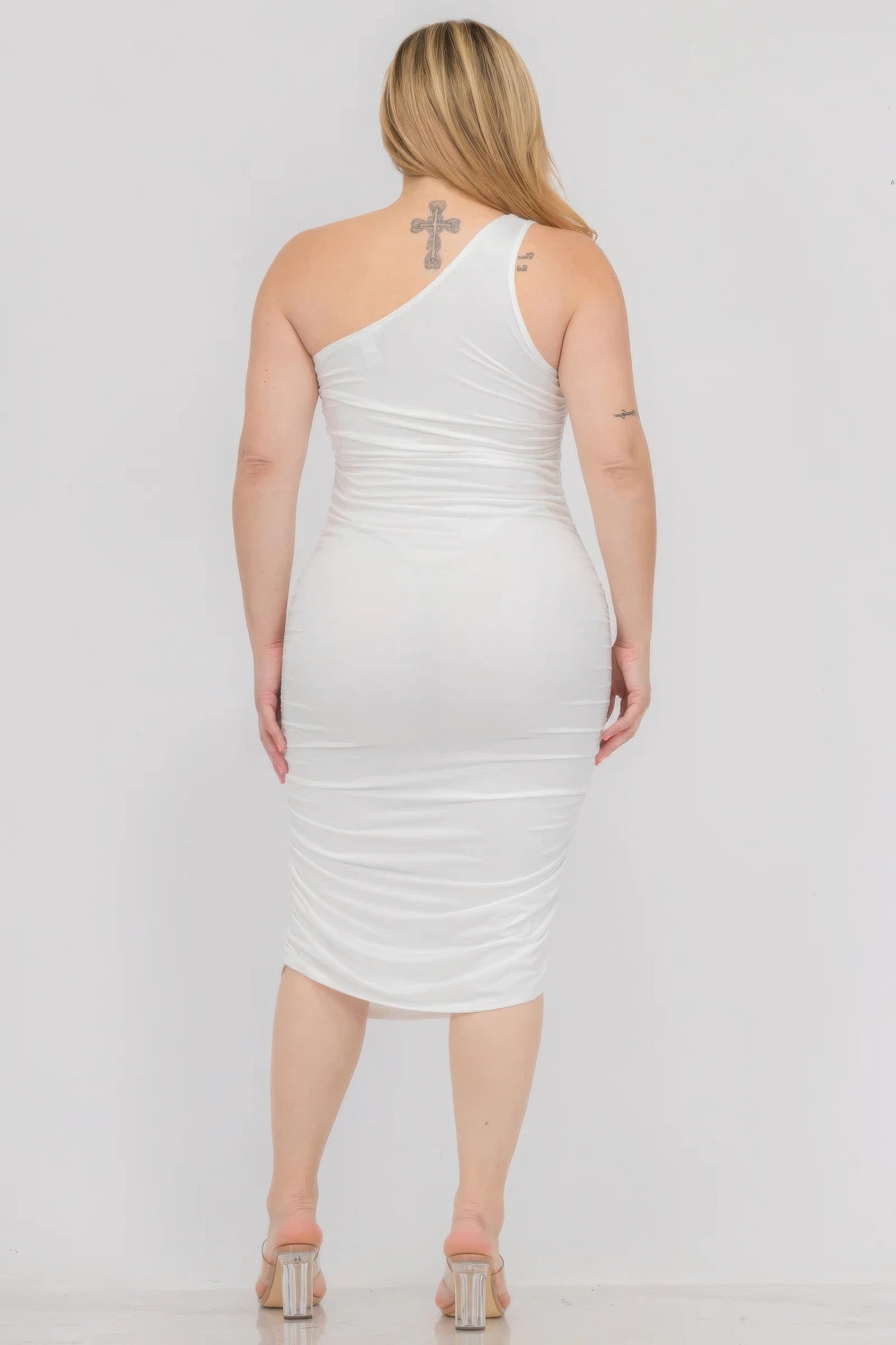 Plus Size Sexy Solid Color Ruched One Shoulder Midi Bodycon Dress - Flip Flop Dynasty