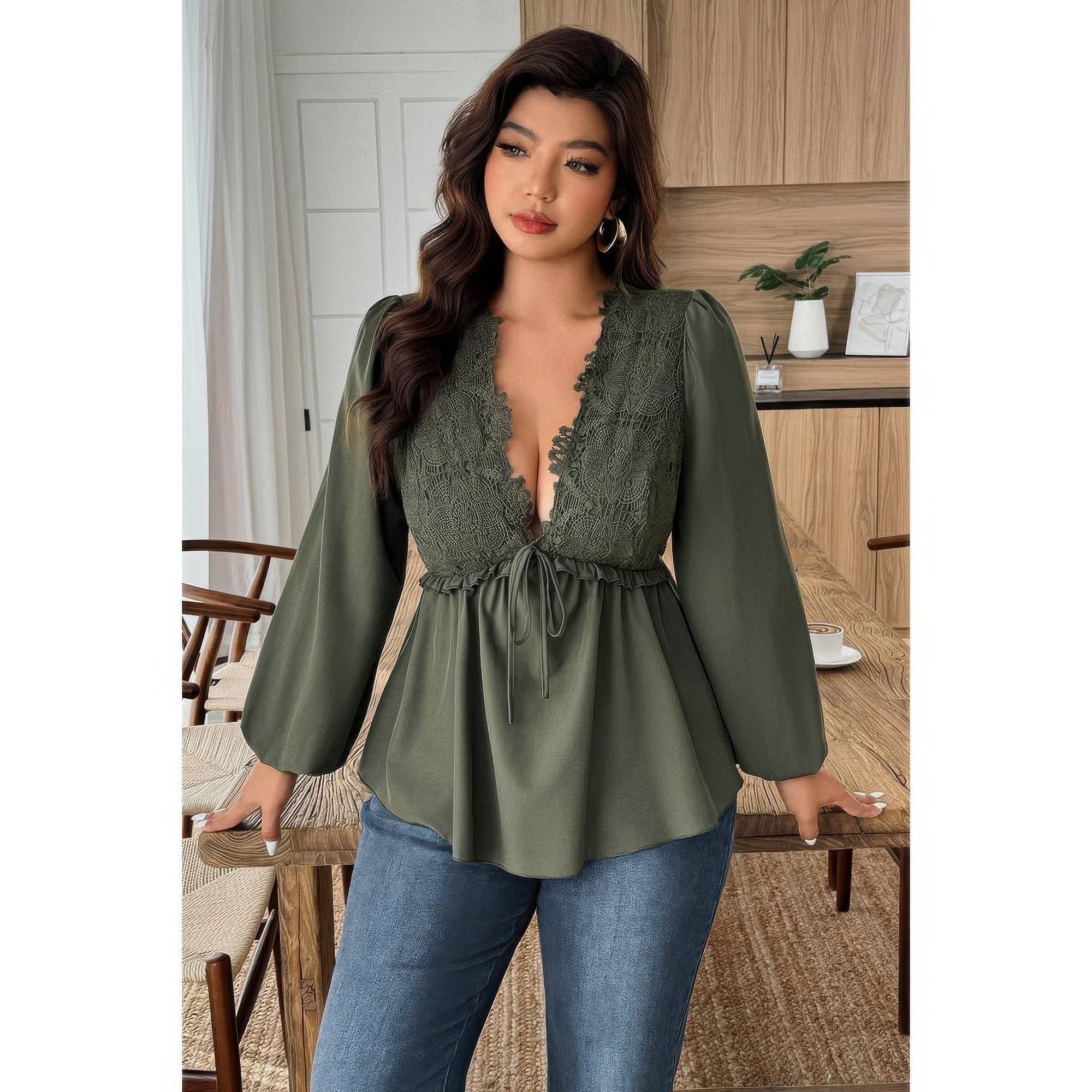 Plus Size Solid V Neck Lace Patchwork Shirt - Flip Flop Dynasty