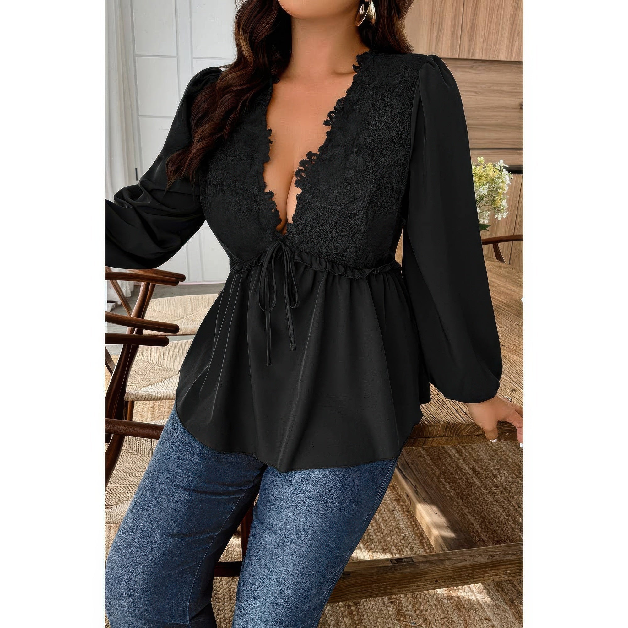 Plus Size Solid V Neck Lace Patchwork Shirt - Flip Flop Dynasty