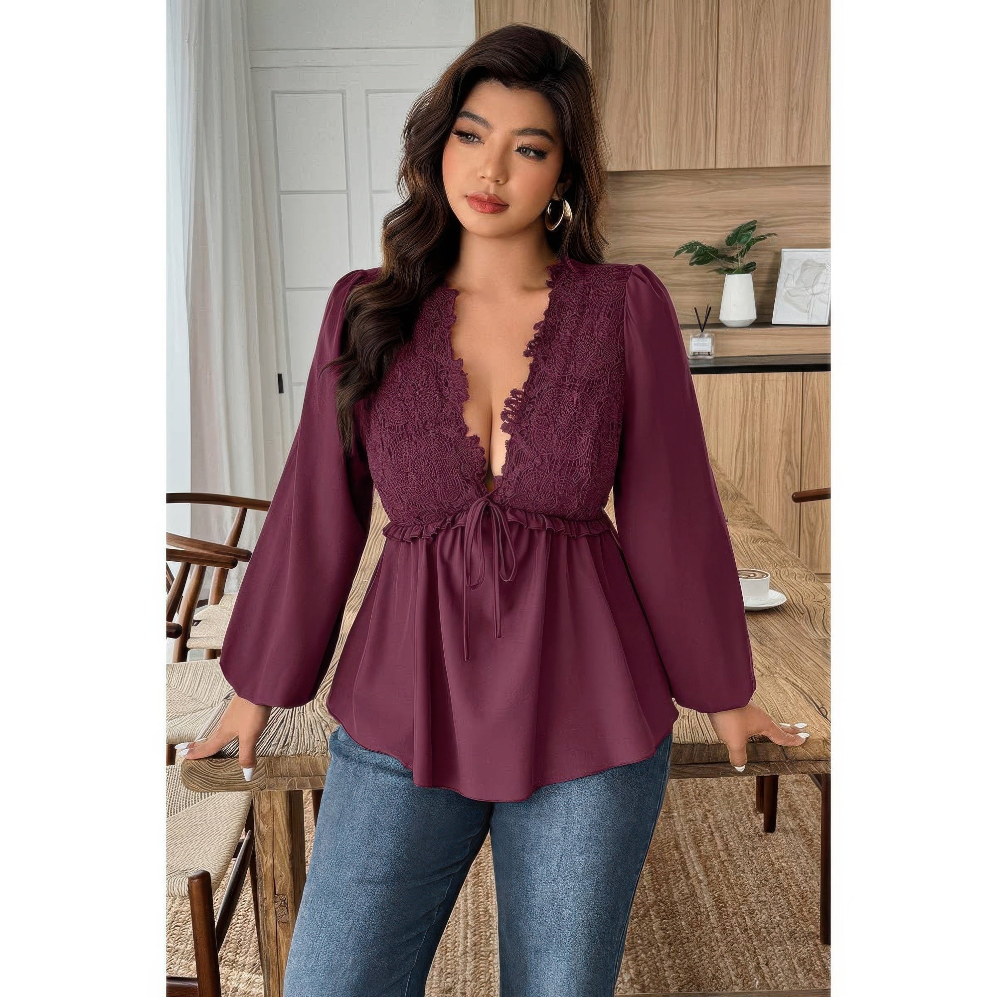 Plus Size Solid V Neck Lace Patchwork Shirt - Flip Flop Dynasty