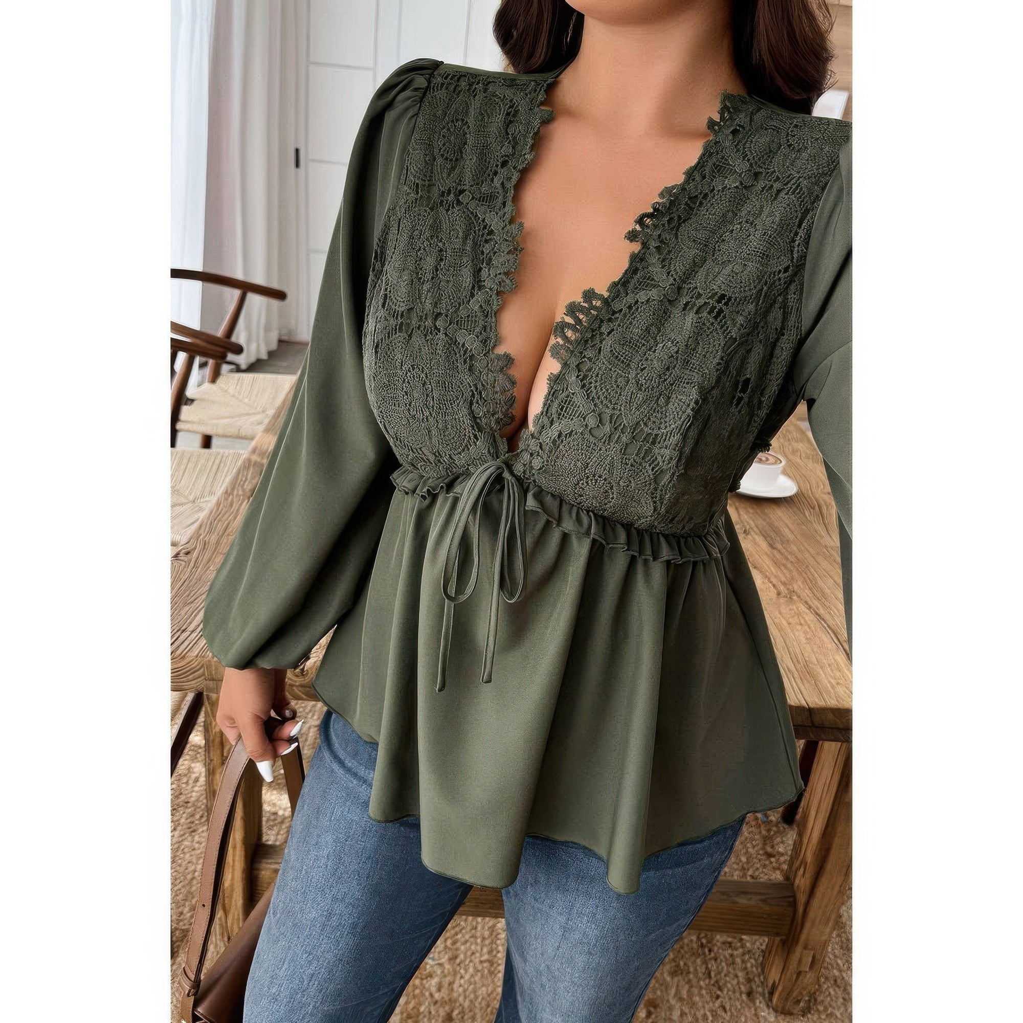 Plus Size Solid V Neck Lace Patchwork Shirt - Flip Flop Dynasty