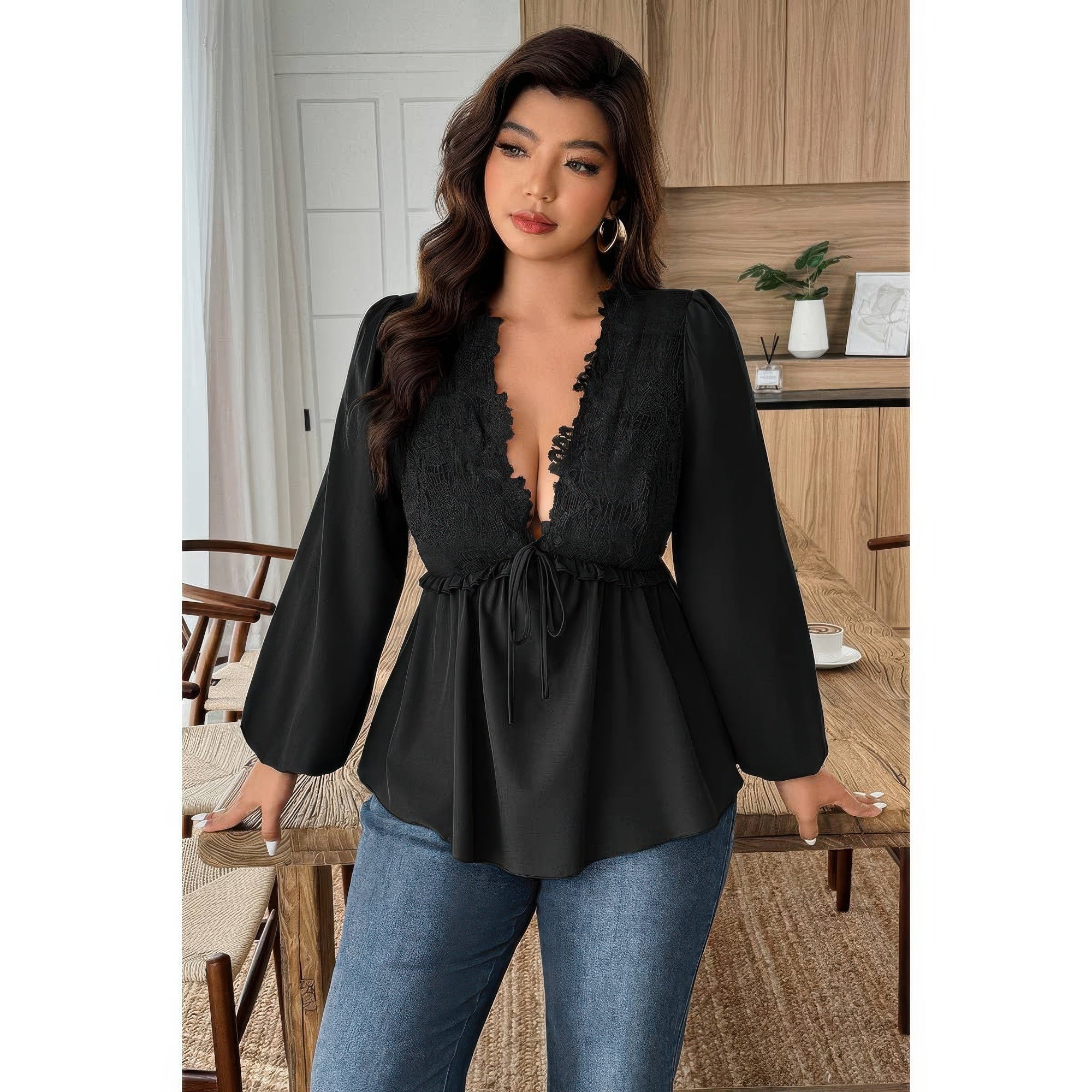 Plus Size Solid V Neck Lace Patchwork Shirt - Flip Flop Dynasty