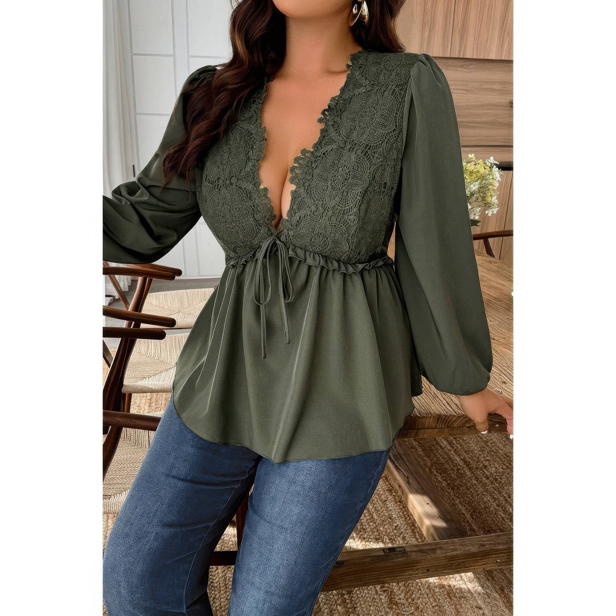 Plus Size Solid V Neck Lace Patchwork Shirt - Flip Flop Dynasty