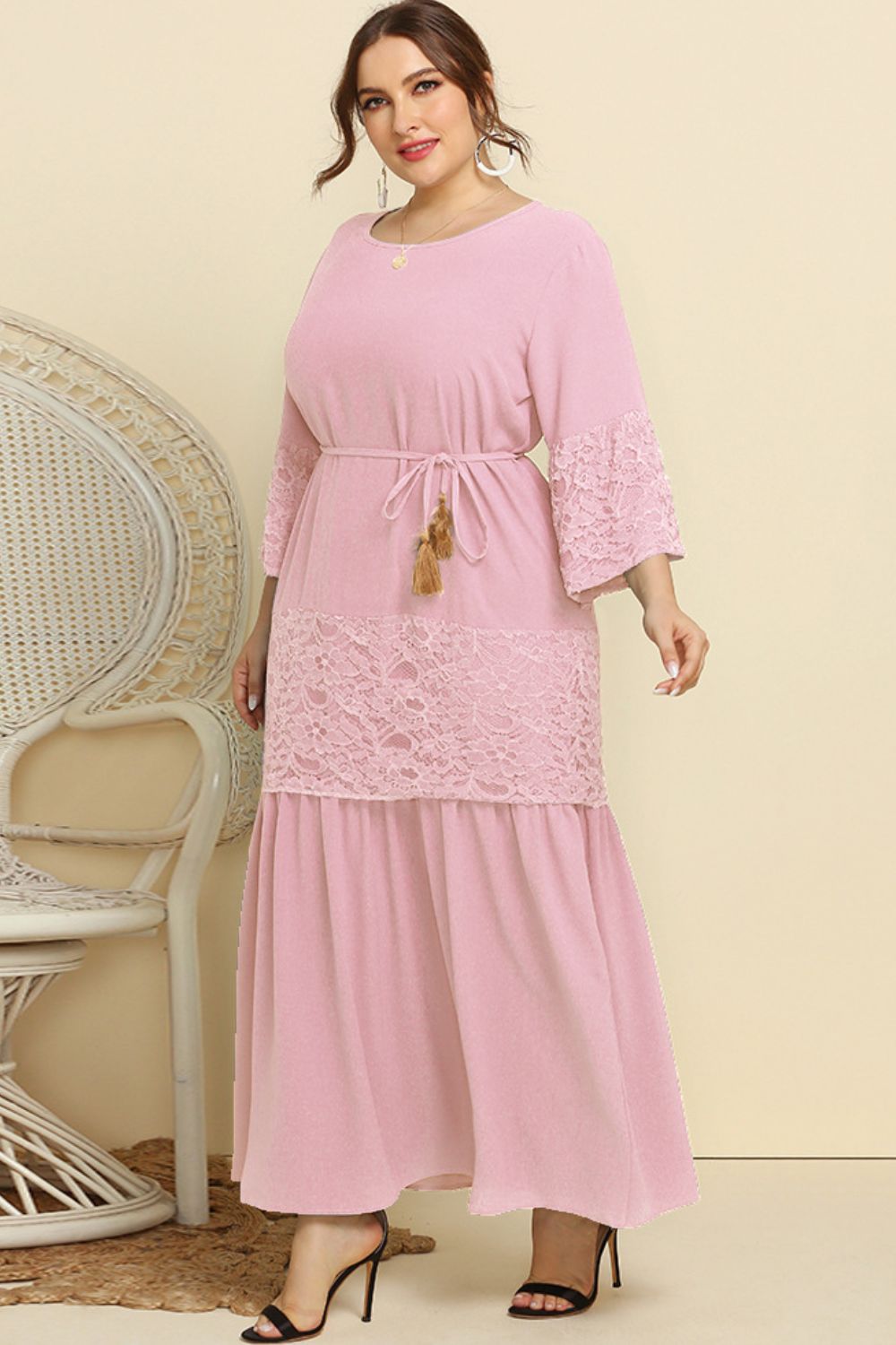 Plus Size Spliced Lace Tassel Belted Dress - Flip Flop Dynasty