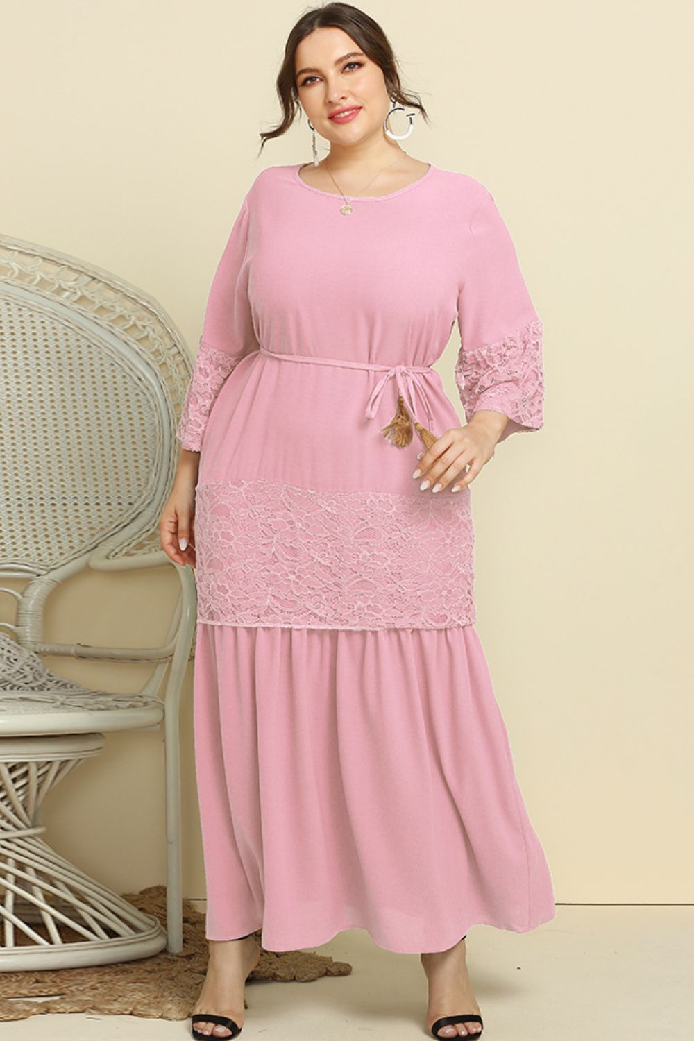 Plus Size Spliced Lace Tassel Belted Dress - Flip Flop Dynasty