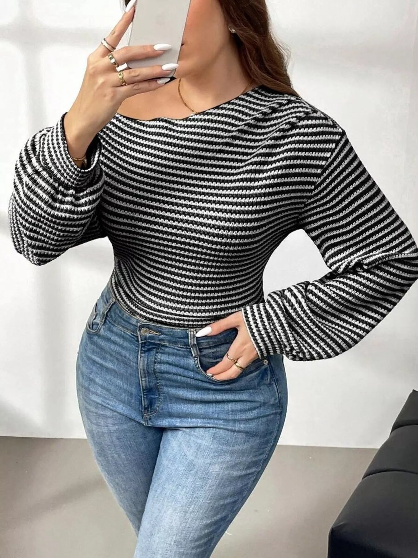Plus Size Striped One - Shoulder Long Sleeve T-Shirt - Flip Flop Dynasty