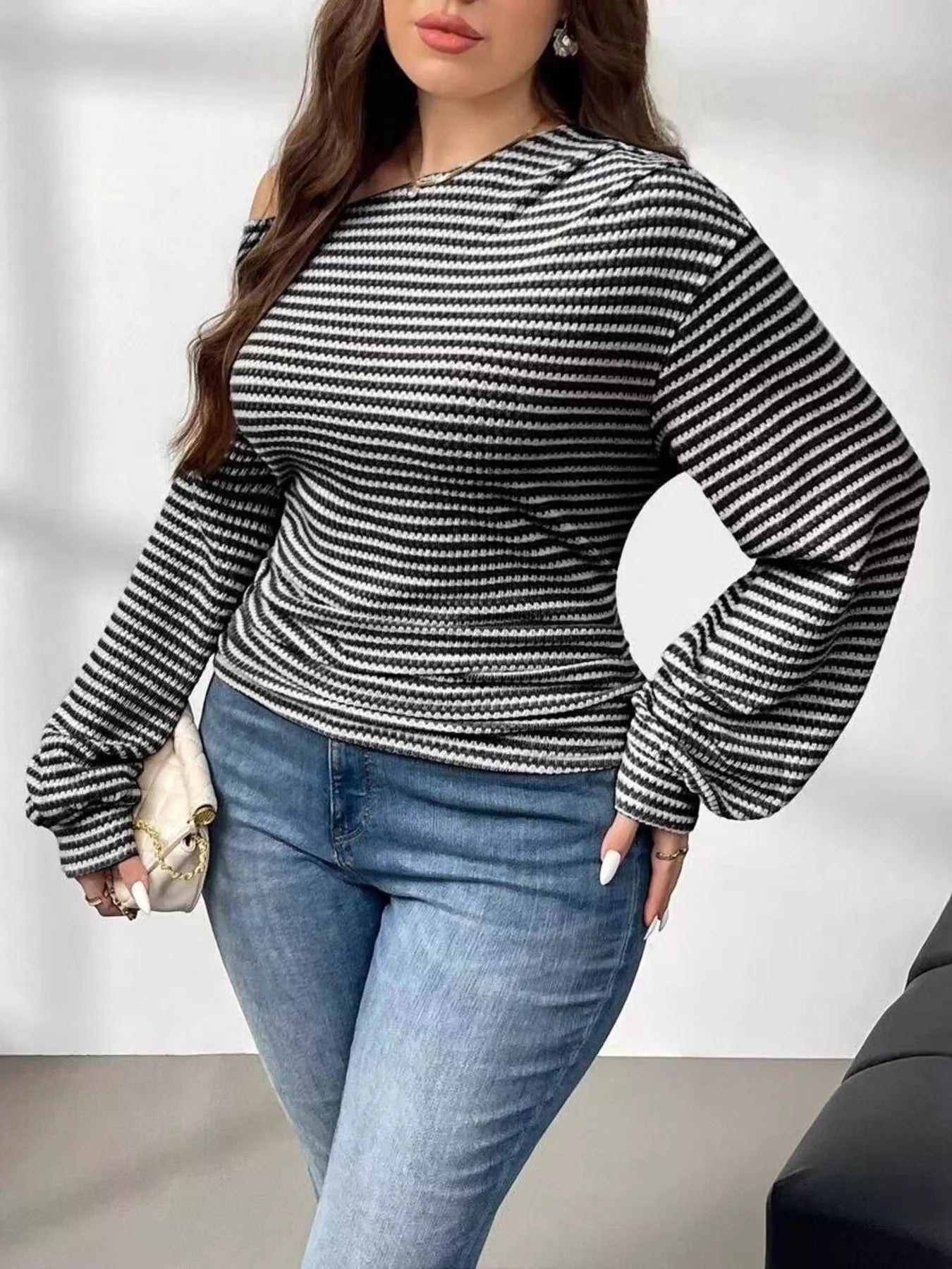 Plus Size Striped One - Shoulder Long Sleeve T-Shirt - Flip Flop Dynasty