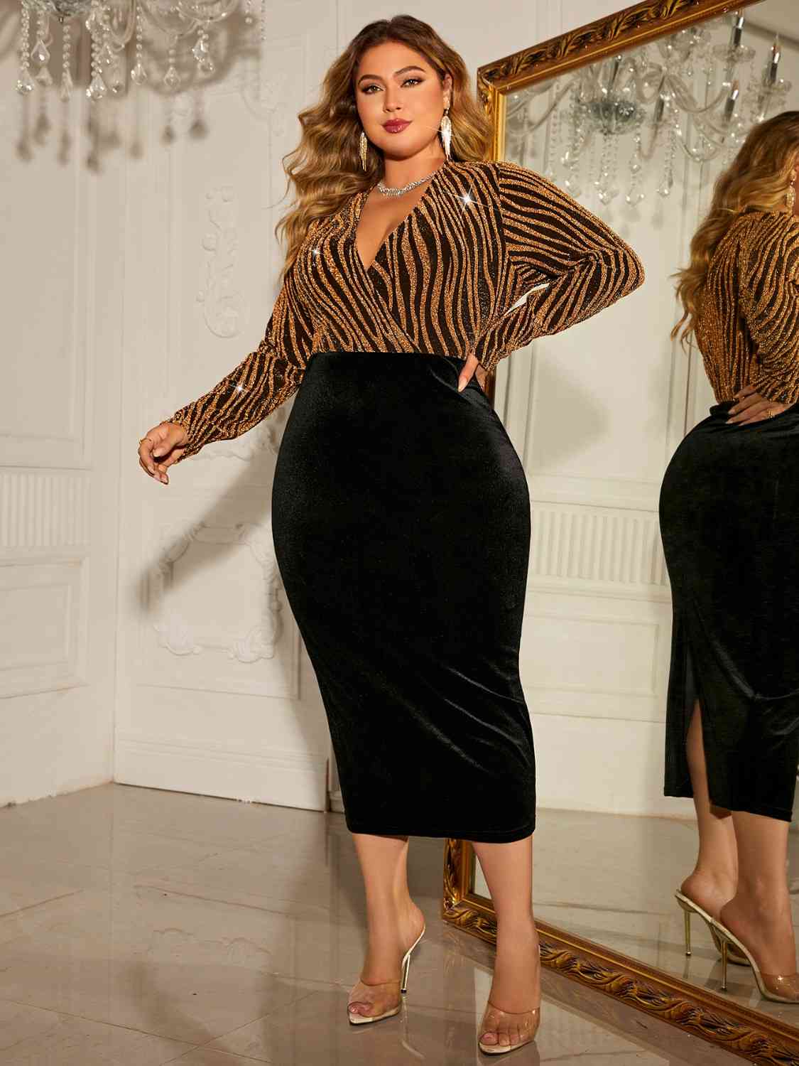 Plus Size Surplice Neck Long Sleeve Slit Dress - Flip Flop Dynasty