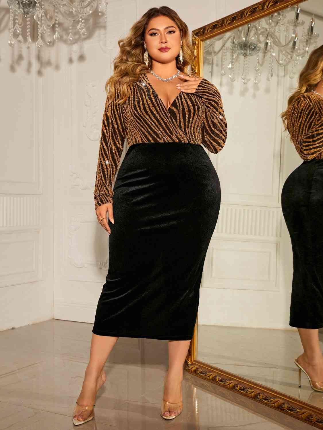 Plus Size Surplice Neck Long Sleeve Slit Dress - Flip Flop Dynasty