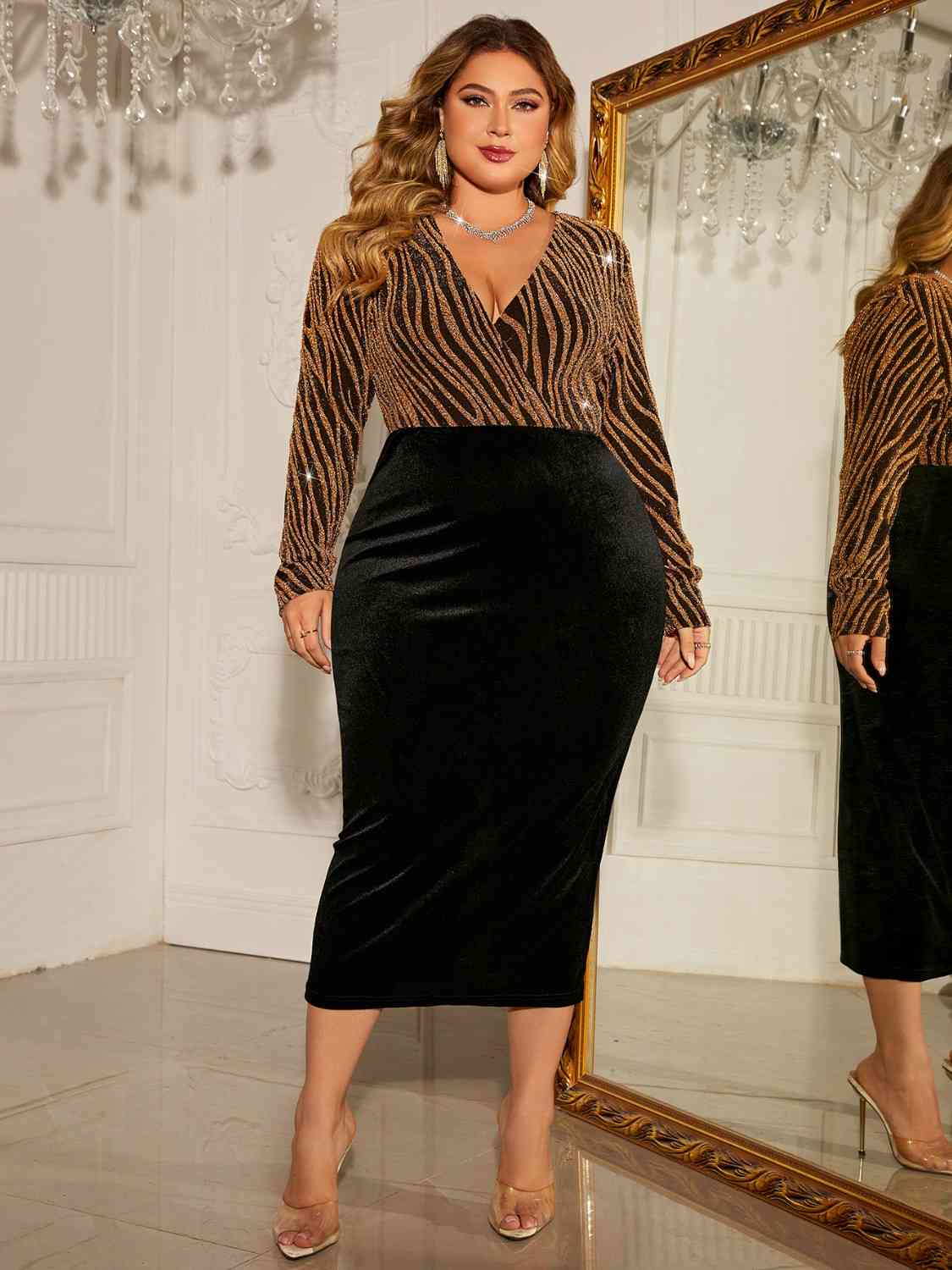 Plus Size Surplice Neck Long Sleeve Slit Dress - Flip Flop Dynasty