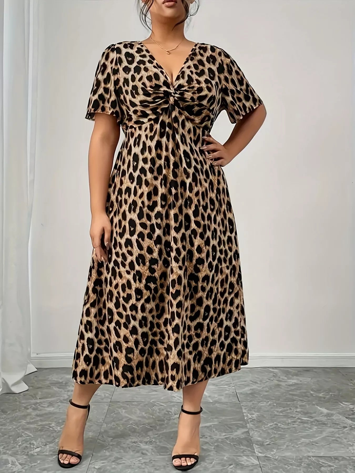Plus Size Twisted Front Leopard Short Sleeve Dress - Flip Flop Dynasty