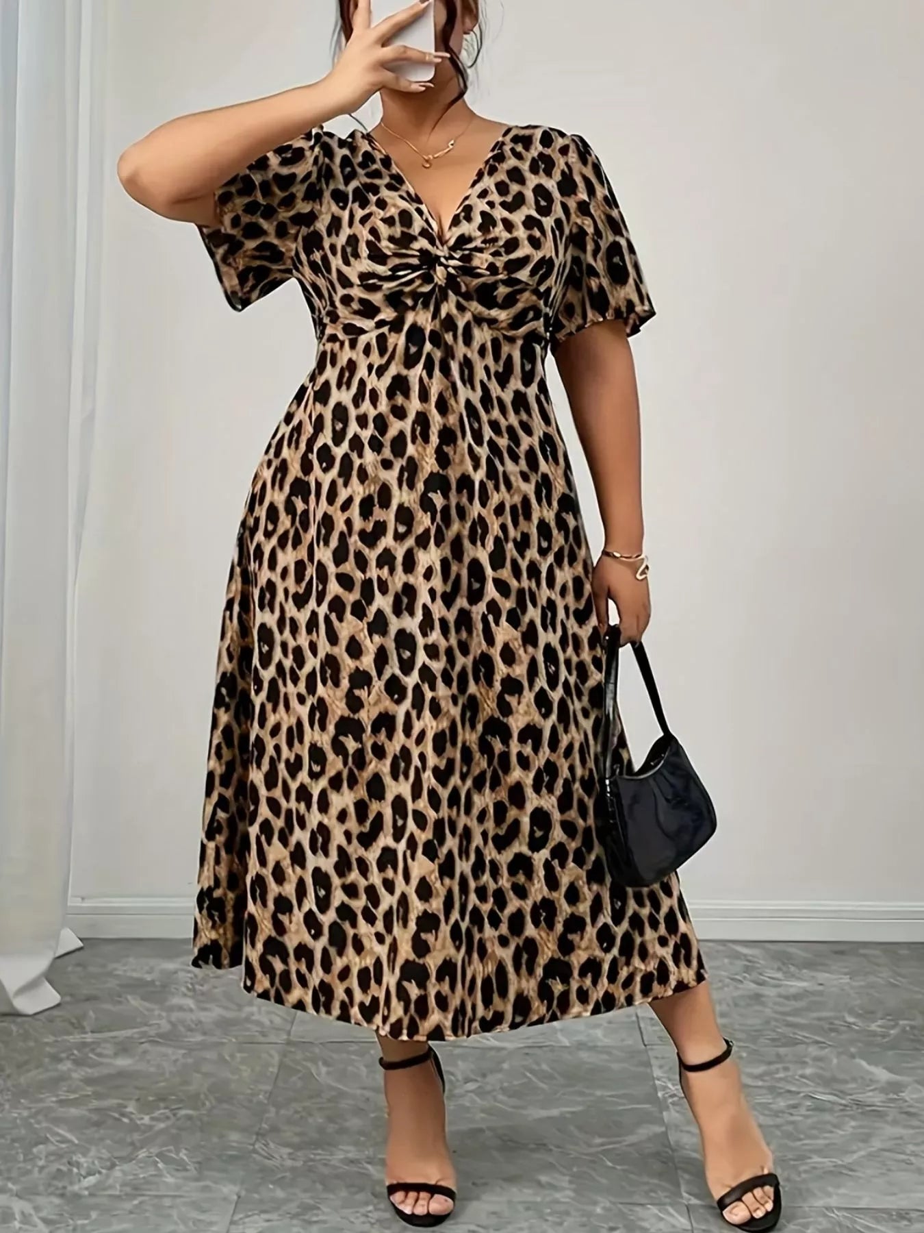 Plus Size Twisted Front Leopard Short Sleeve Dress - Flip Flop Dynasty