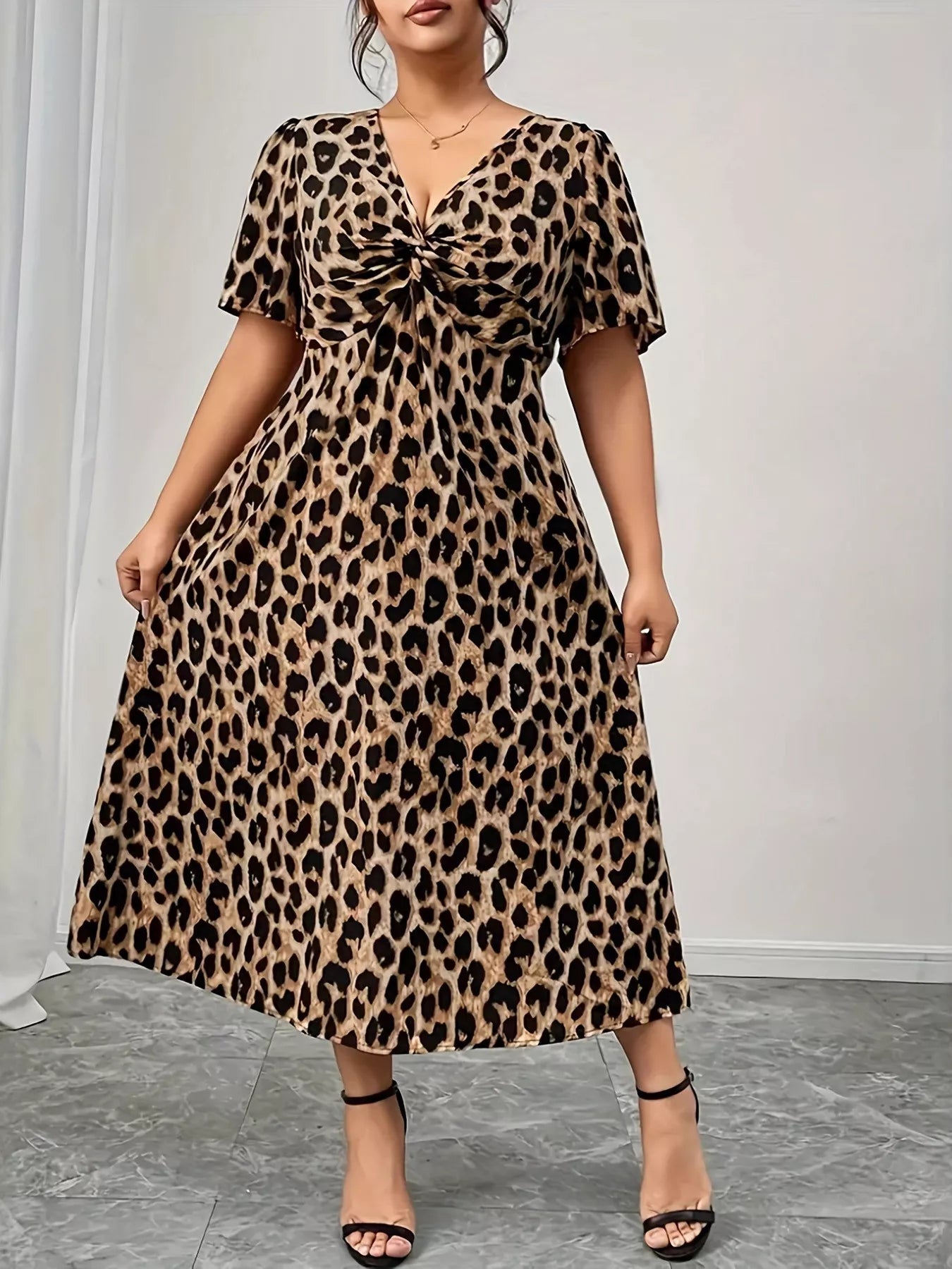 Plus Size Twisted Front Leopard Short Sleeve Dress - Flip Flop Dynasty