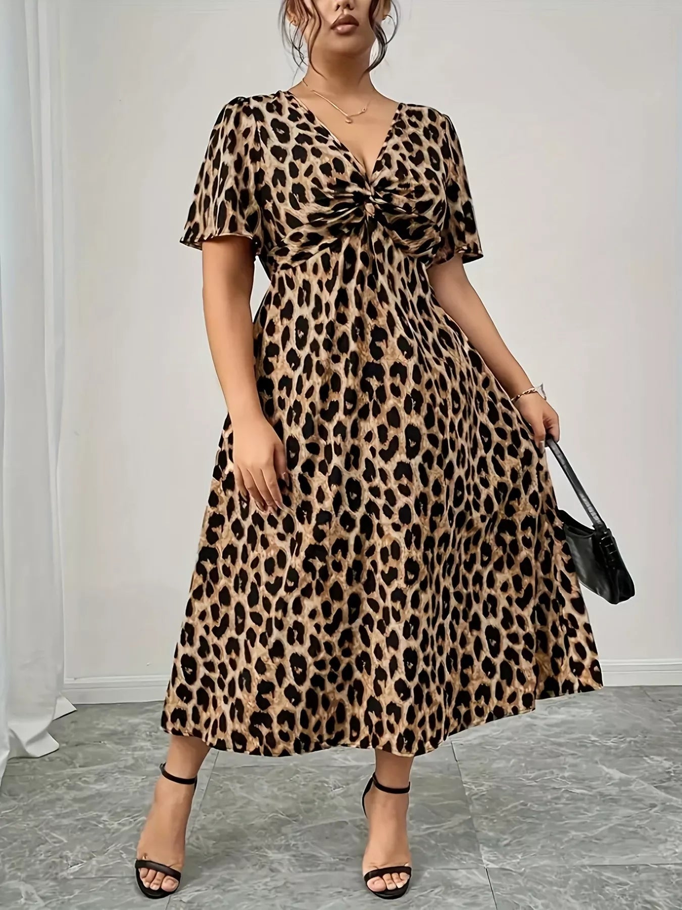Plus Size Twisted Front Leopard Short Sleeve Dress - Flip Flop Dynasty