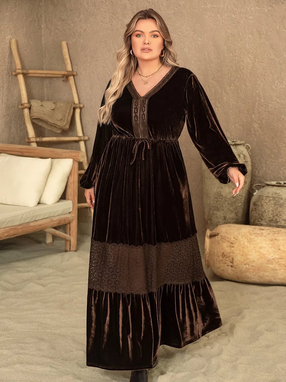 Plus Size V - Neck Balloon Sleeve Maxi Dress - Flip Flop Dynasty