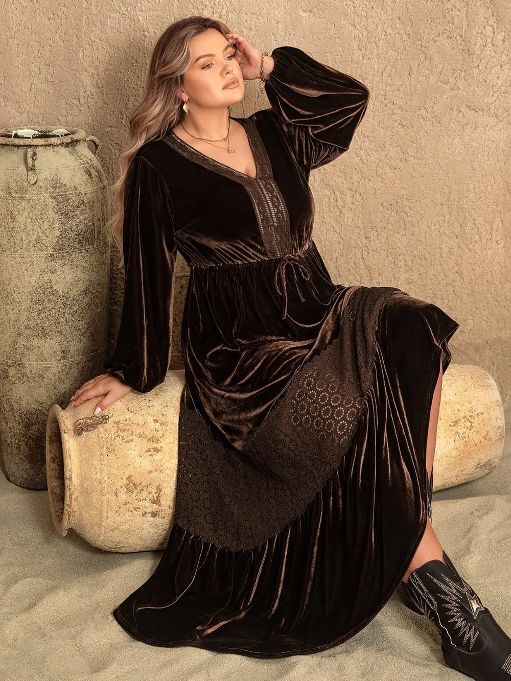 Plus Size V - Neck Balloon Sleeve Maxi Dress - Flip Flop Dynasty