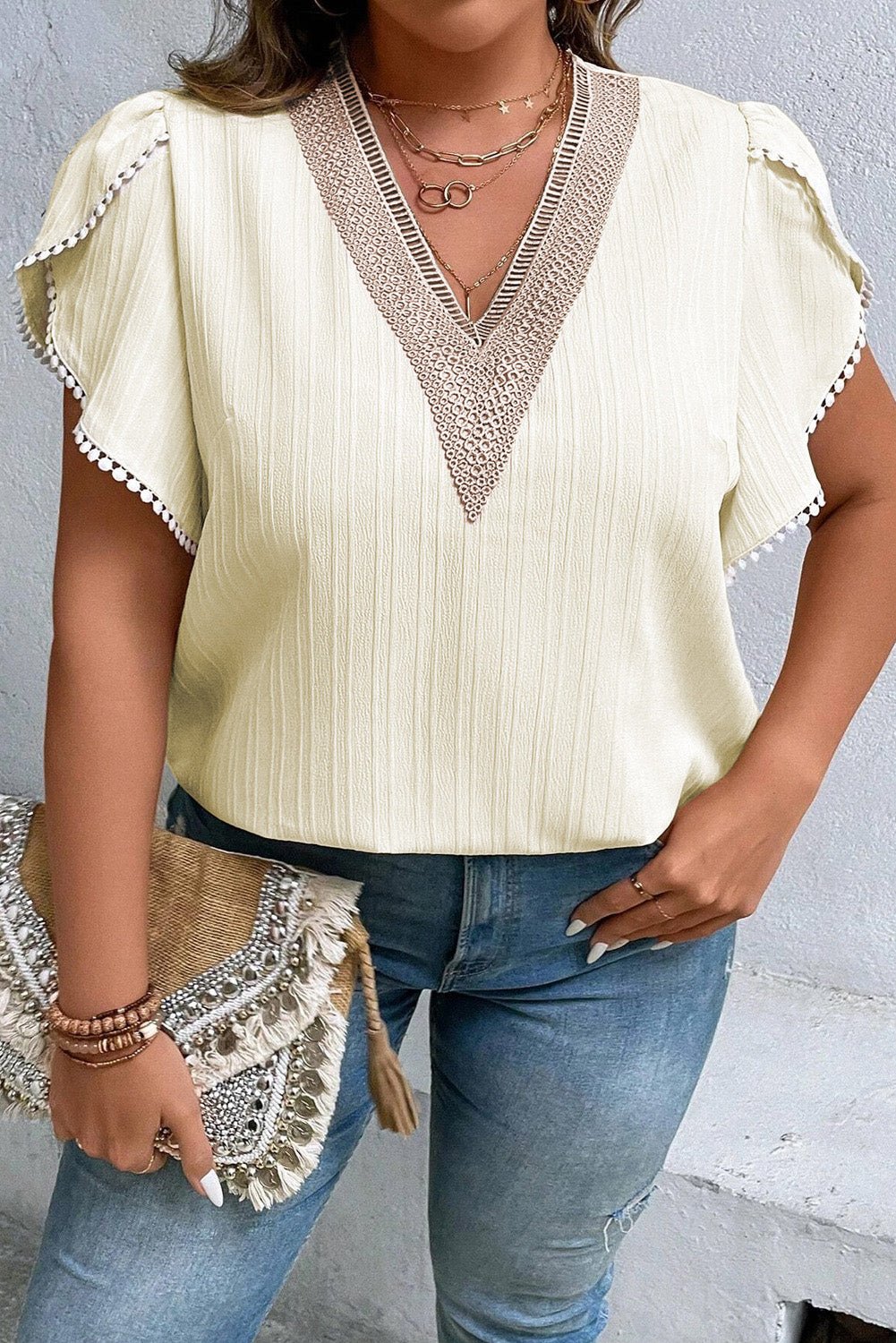 Plus Size V - Neck Petal Sleeve Blouse - Flip Flop Dynasty