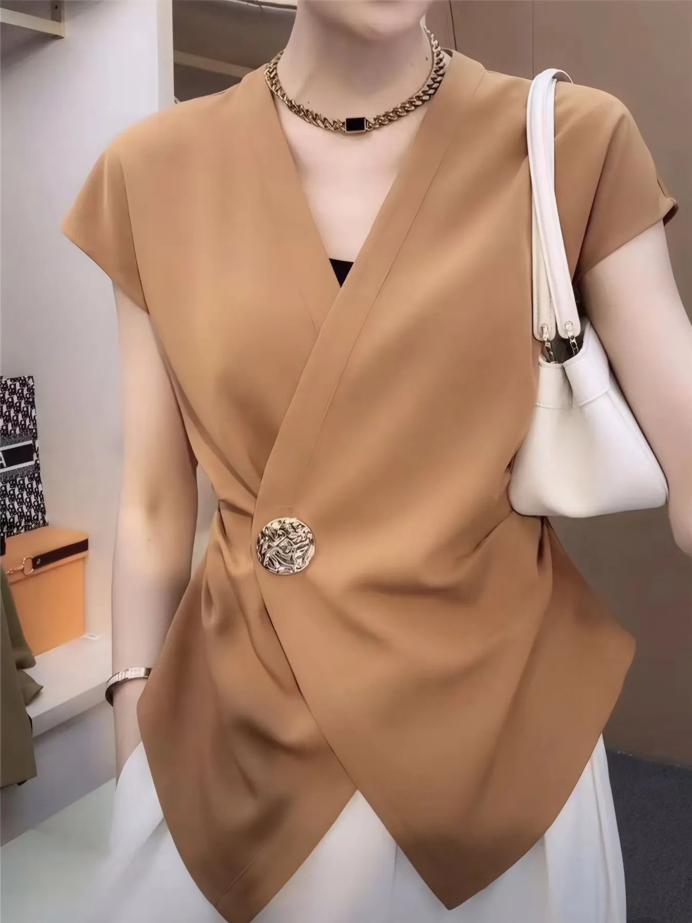 Plus Size Wrap Front Blouse with Decorative Button Detail - Flip Flop Dynasty