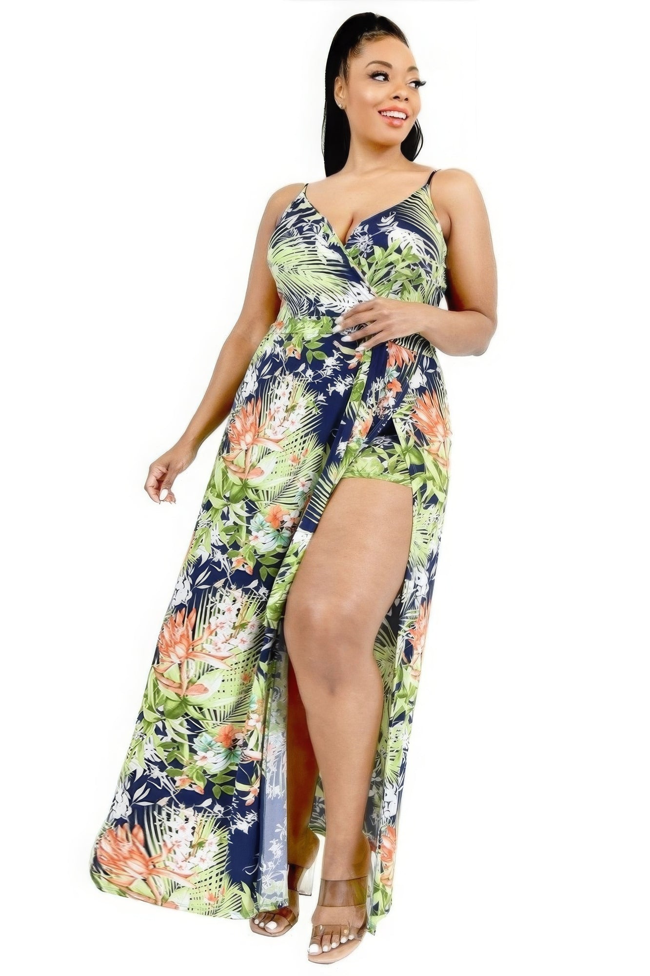 Plus Tropical Leaf Print Surplice Maxi Dress - Flip Flop Dynasty