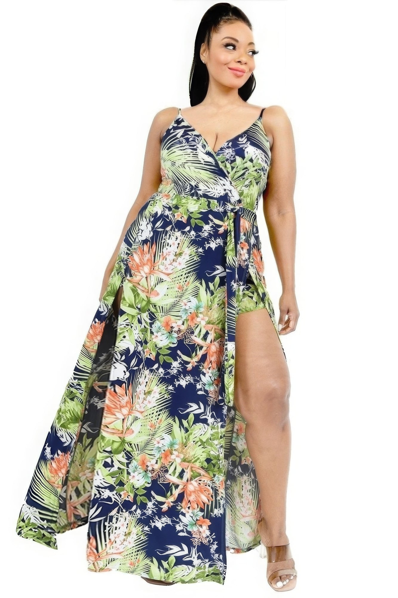 Plus Tropical Leaf Print Surplice Maxi Dress - Flip Flop Dynasty