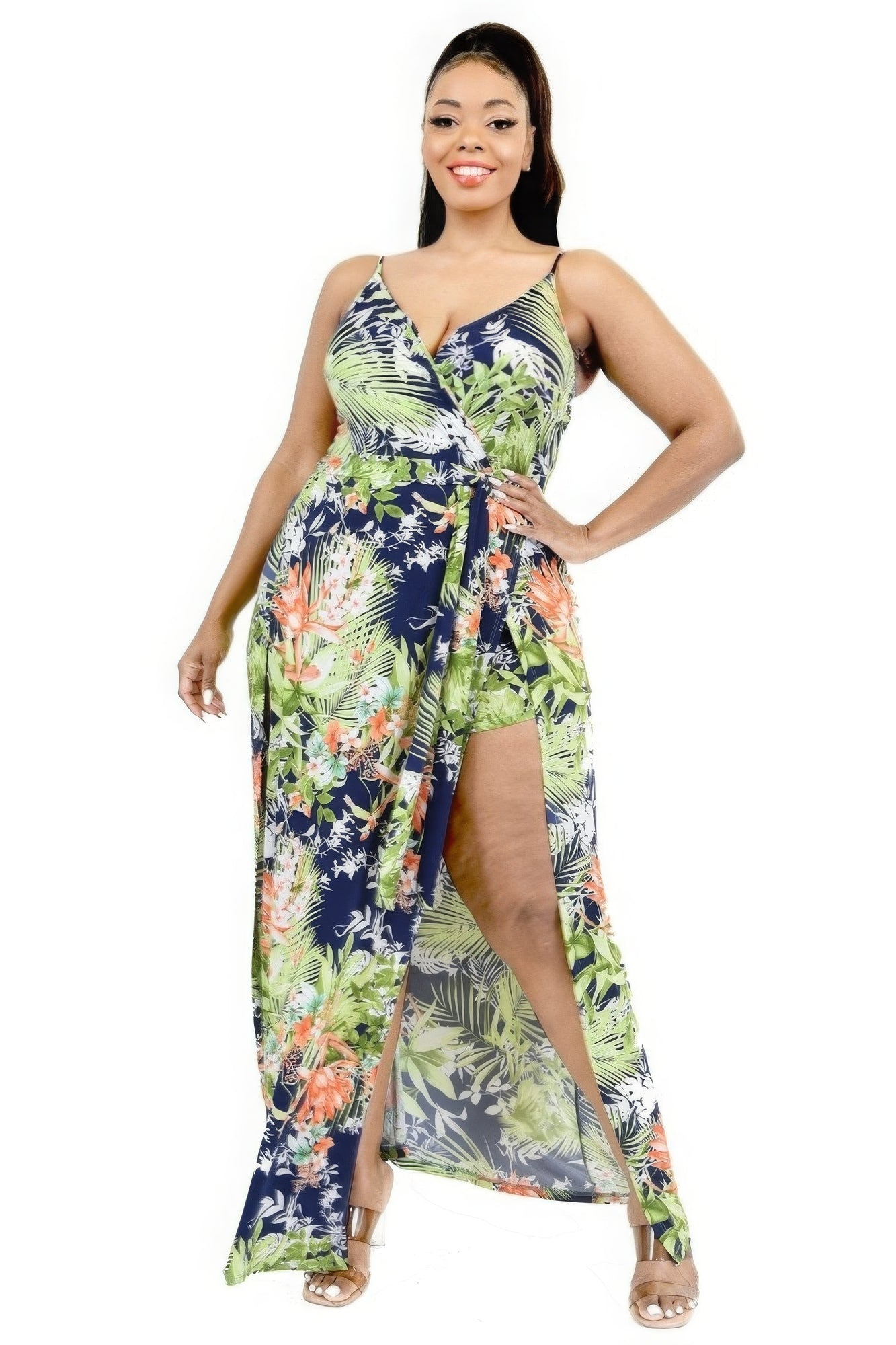 Plus Tropical Leaf Print Surplice Maxi Dress - Flip Flop Dynasty