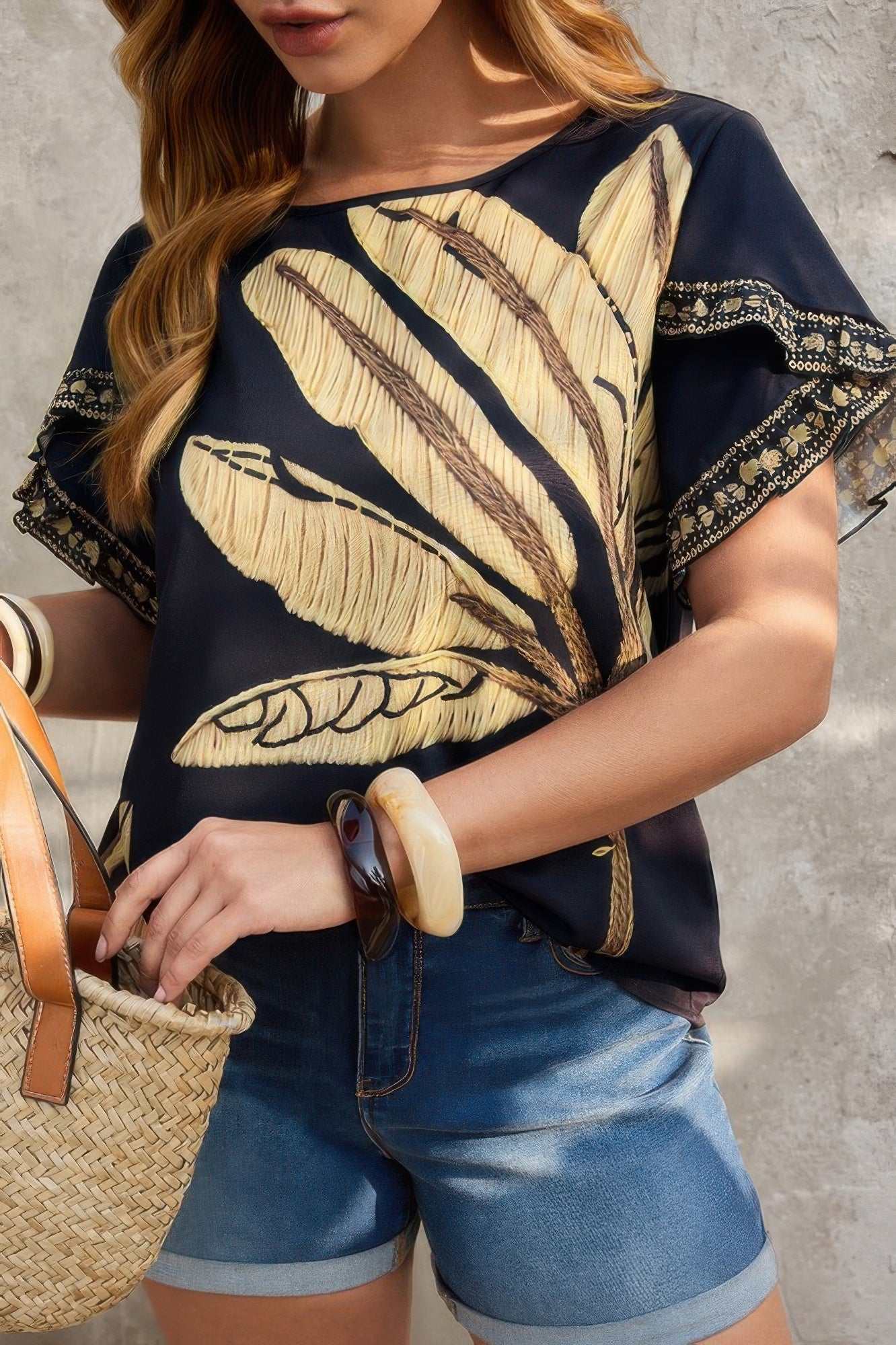 Plus Tropical Print Ruffle Hem Sleeve Blouse - Flip Flop Dynasty