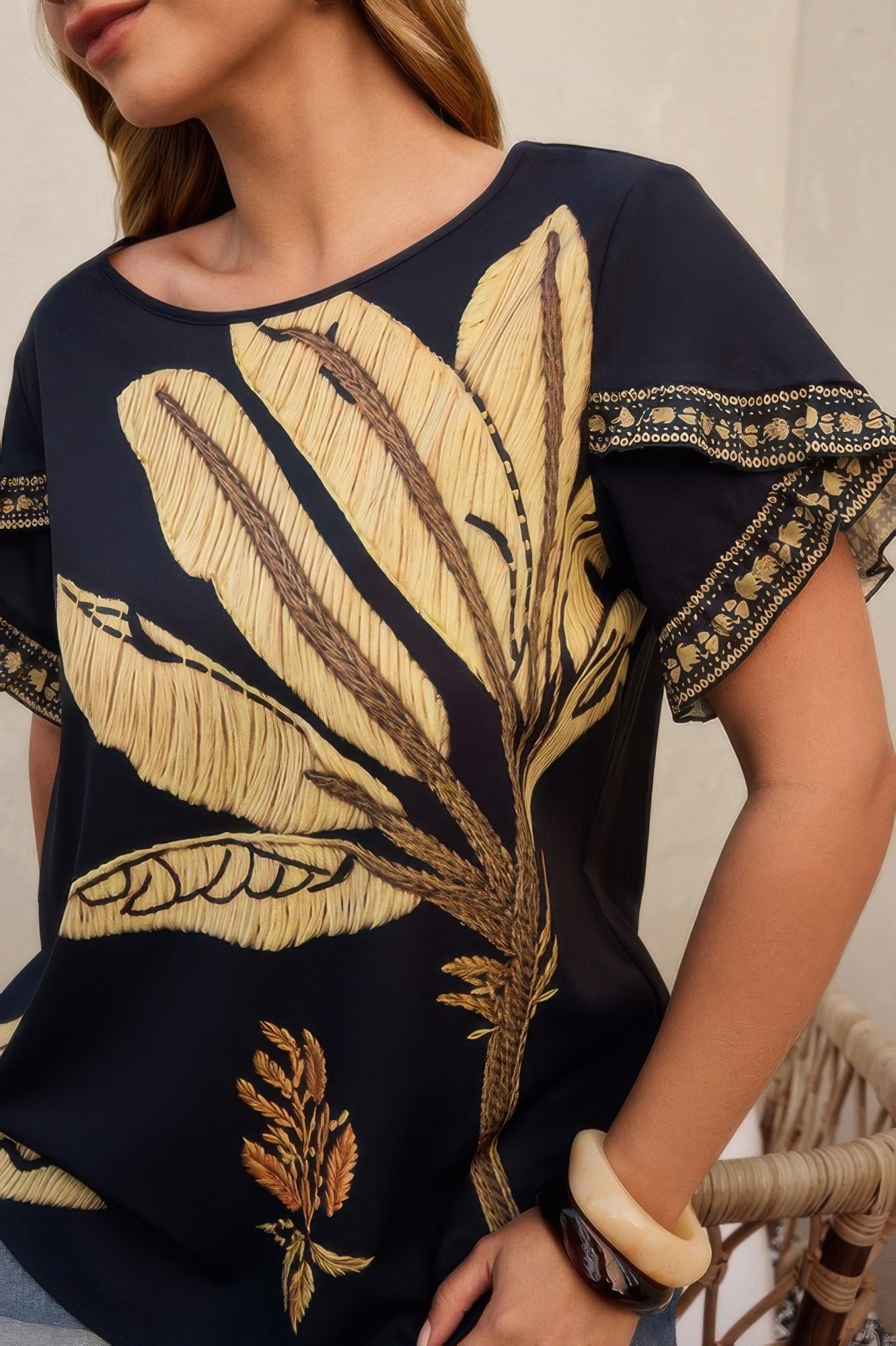 Plus Tropical Print Ruffle Hem Sleeve Blouse - Flip Flop Dynasty