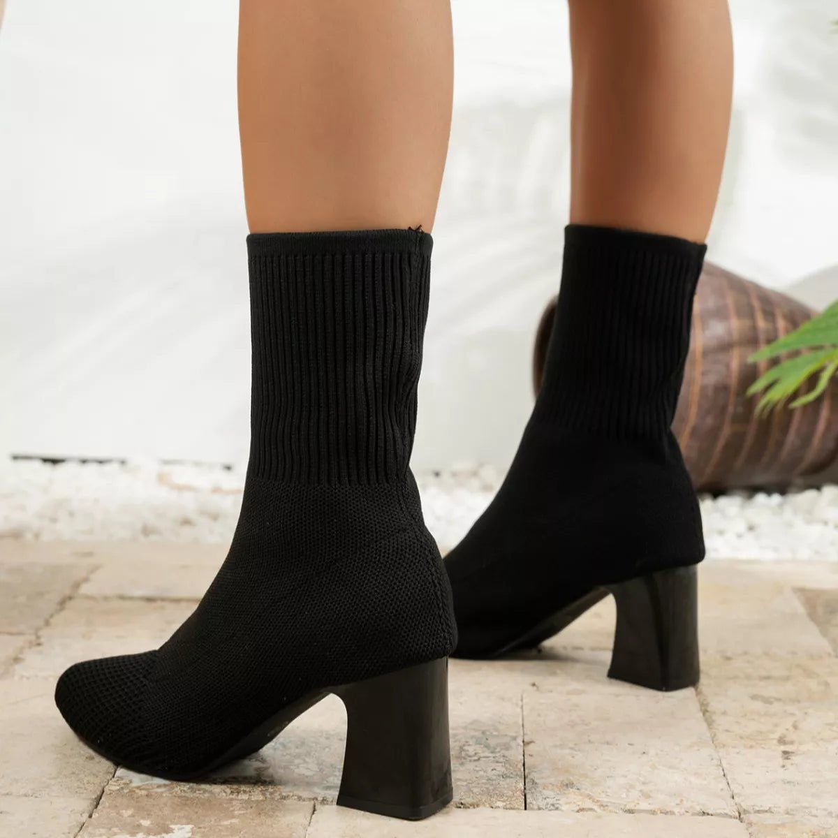 Point Toe Knit Sock Boots with Block Heels - Flip Flop Dynasty