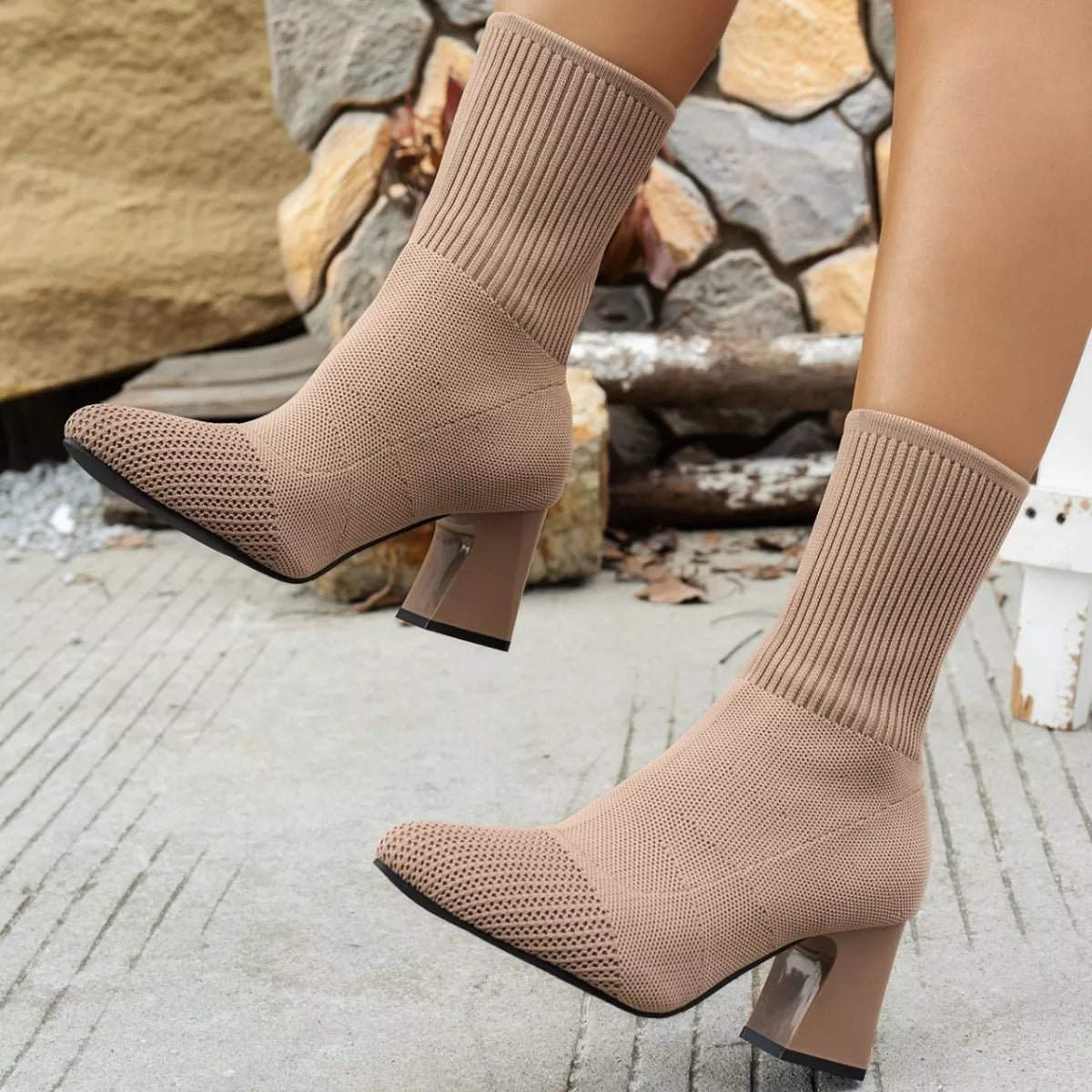 Point Toe Knit Sock Boots with Block Heels - Flip Flop Dynasty