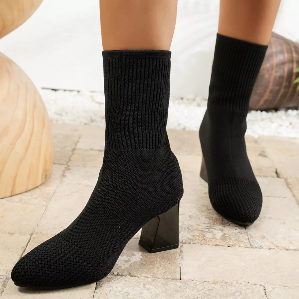 Point Toe Knit Sock Boots with Block Heels - Flip Flop Dynasty