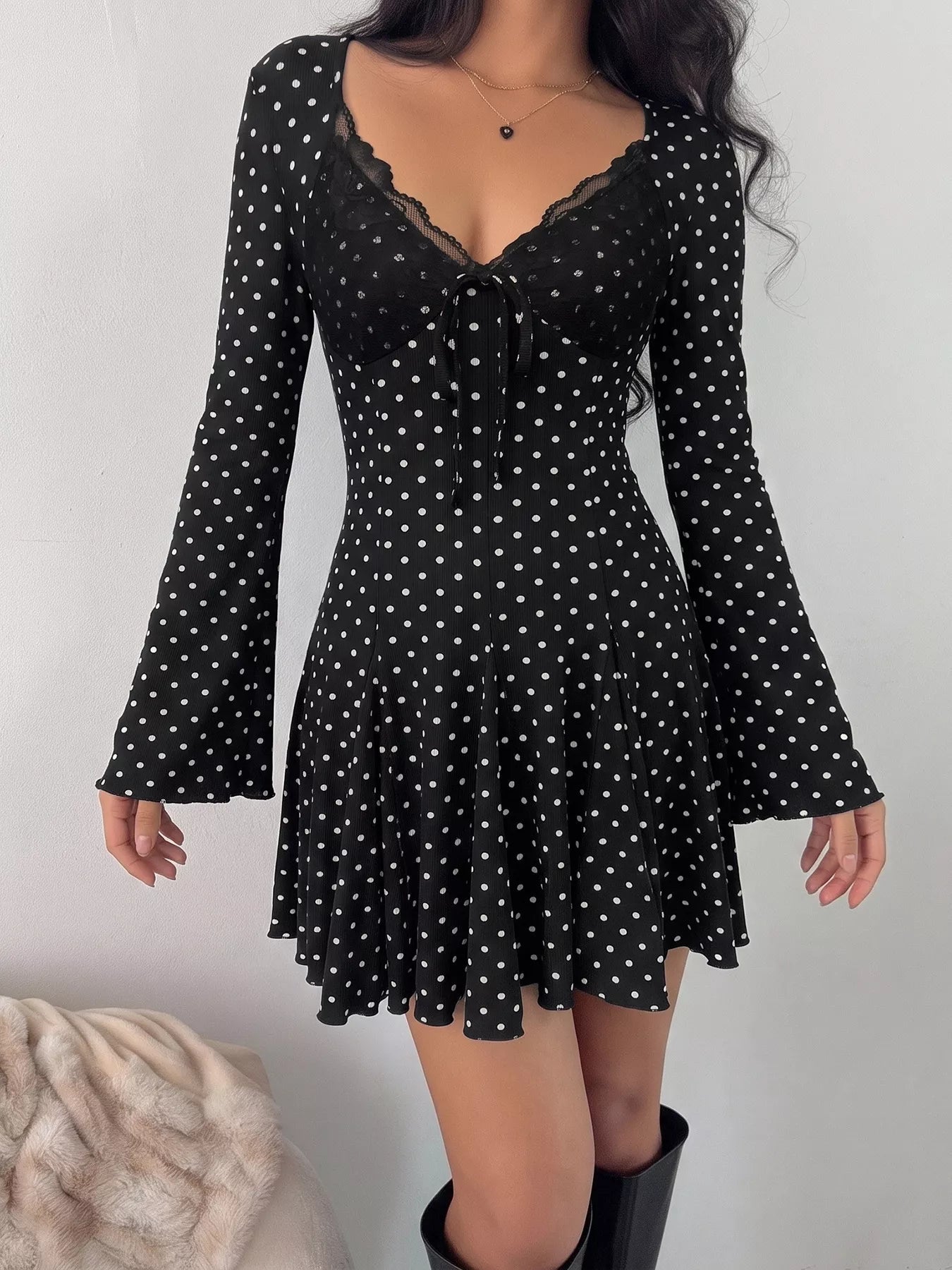 Polka Dot Lace Trimmed V-Neck Mini Dress - Flip Flop Dynasty