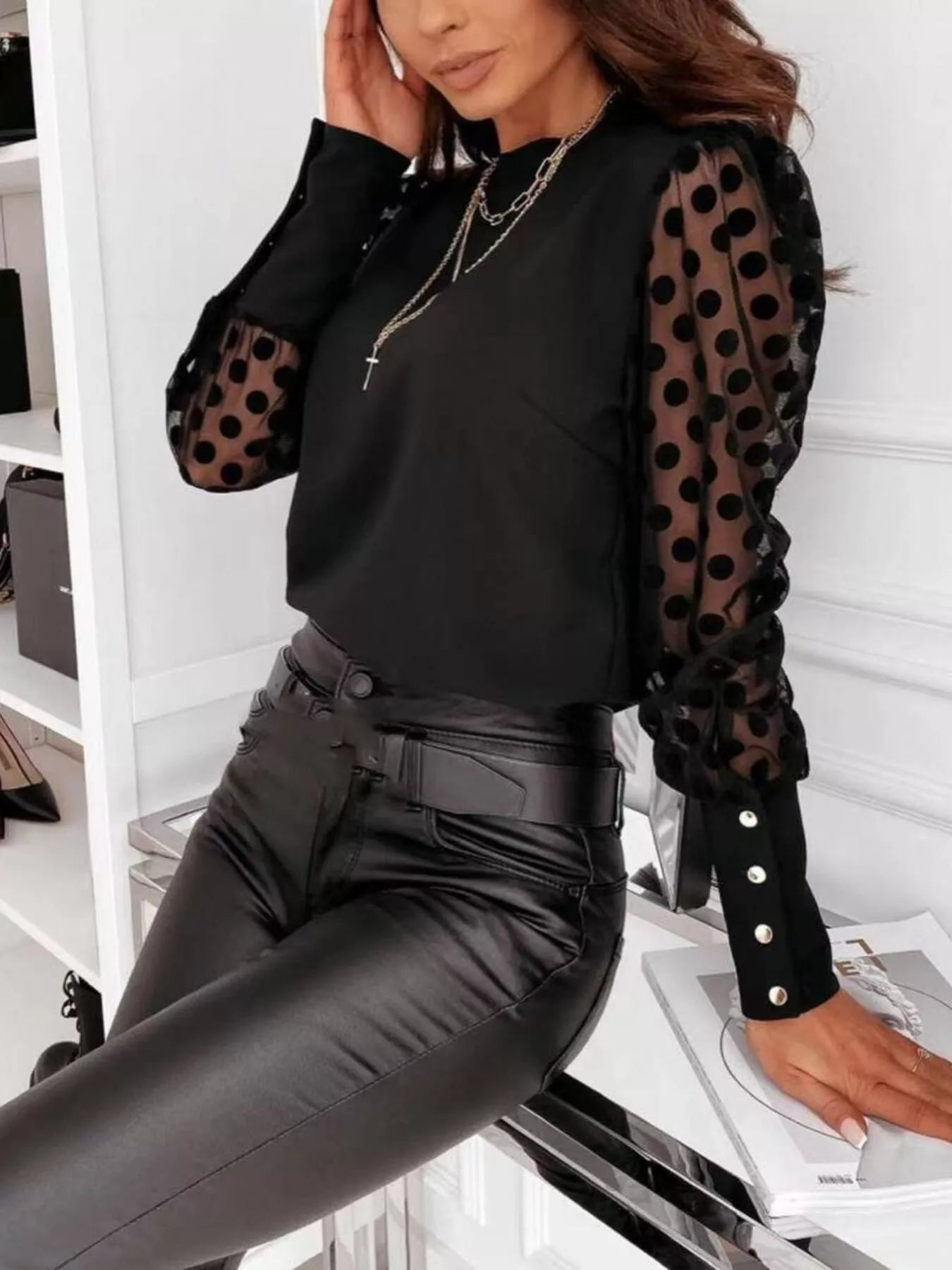 Polka Dot Mesh Sleeve Blouse - Flip Flop Dynasty