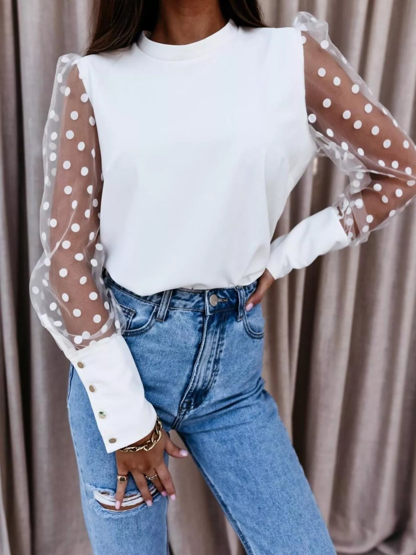 Polka Dot Mesh Sleeve Blouse - Flip Flop Dynasty