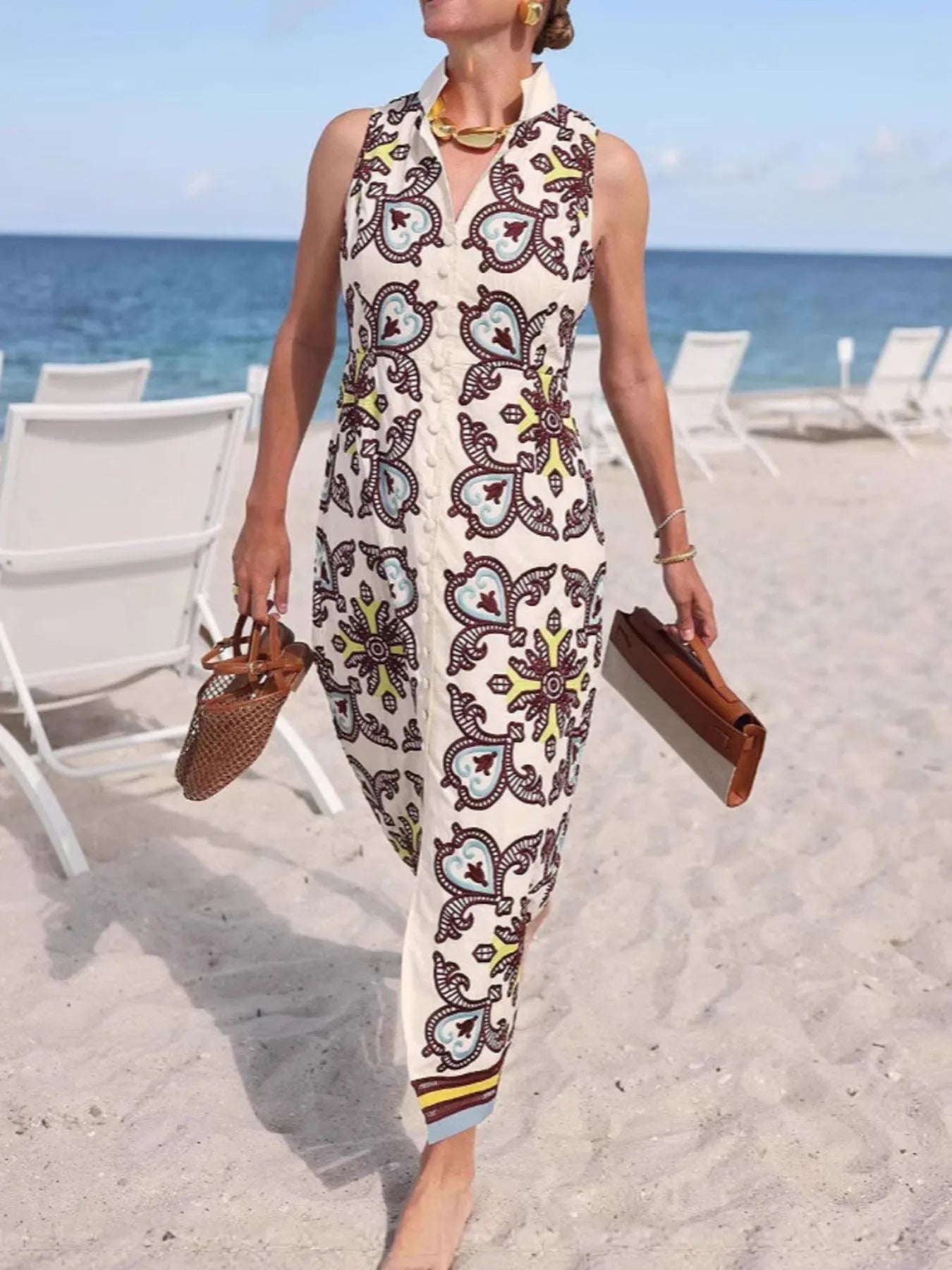 Printed Button Front Sleeveless Dress - Flip Flop Dynasty