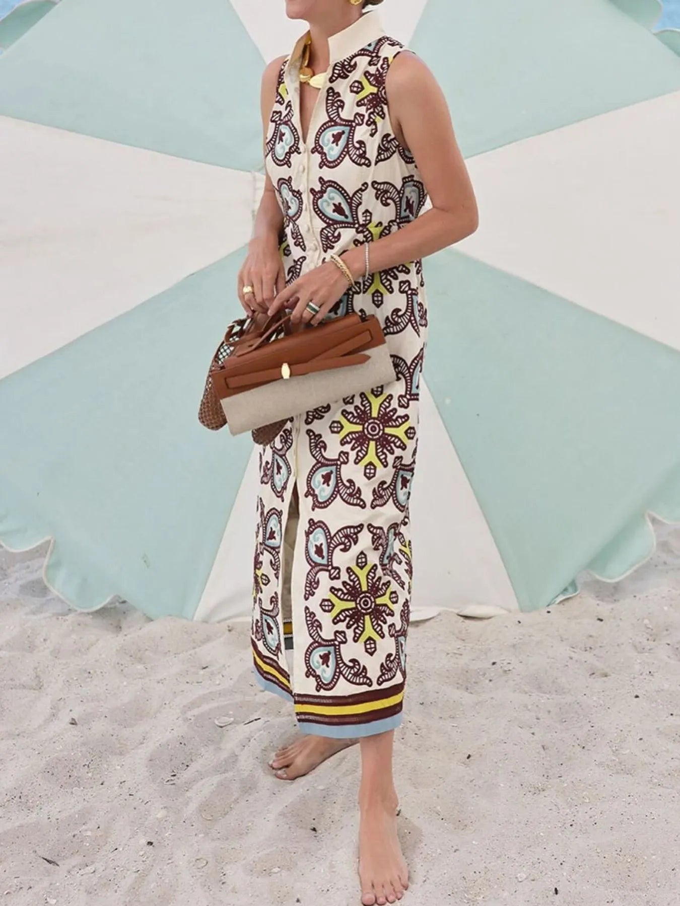 Printed Button Front Sleeveless Dress - Flip Flop Dynasty