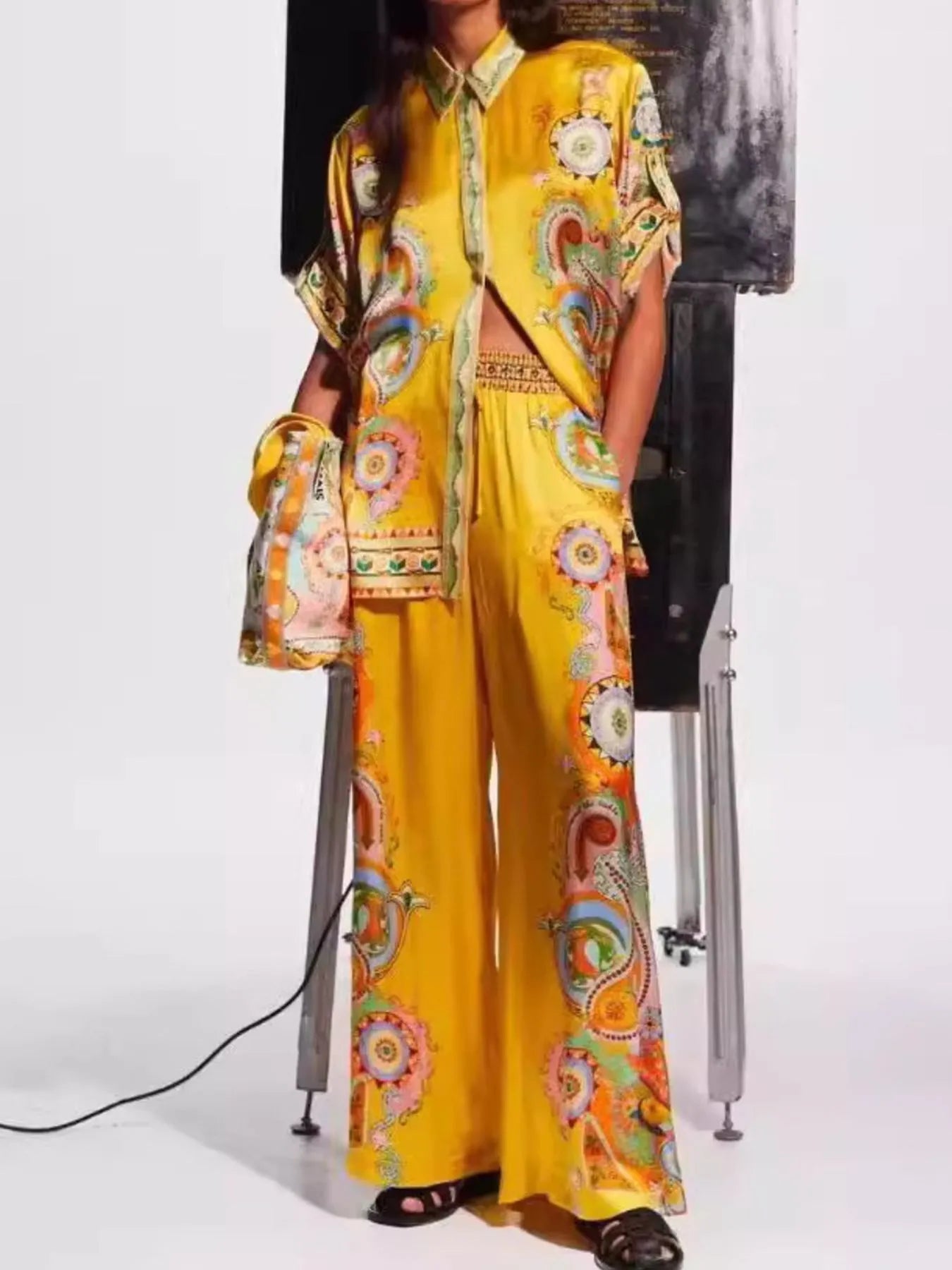 Printed Button Up Shirt and Pants Set - Flip Flop Dynasty